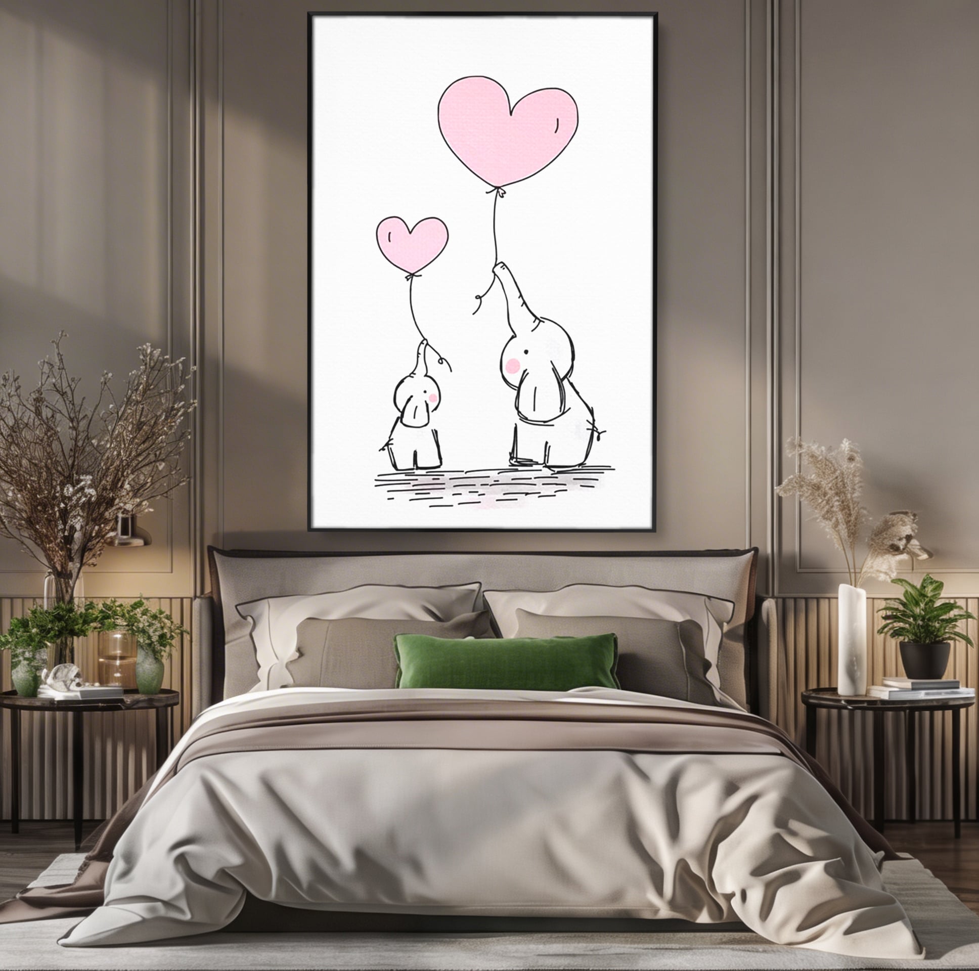 Tablou canvas cu ilustratie cu elefanti si baloane, in rama de aluminiu negru, pe perete intr-un dormitor