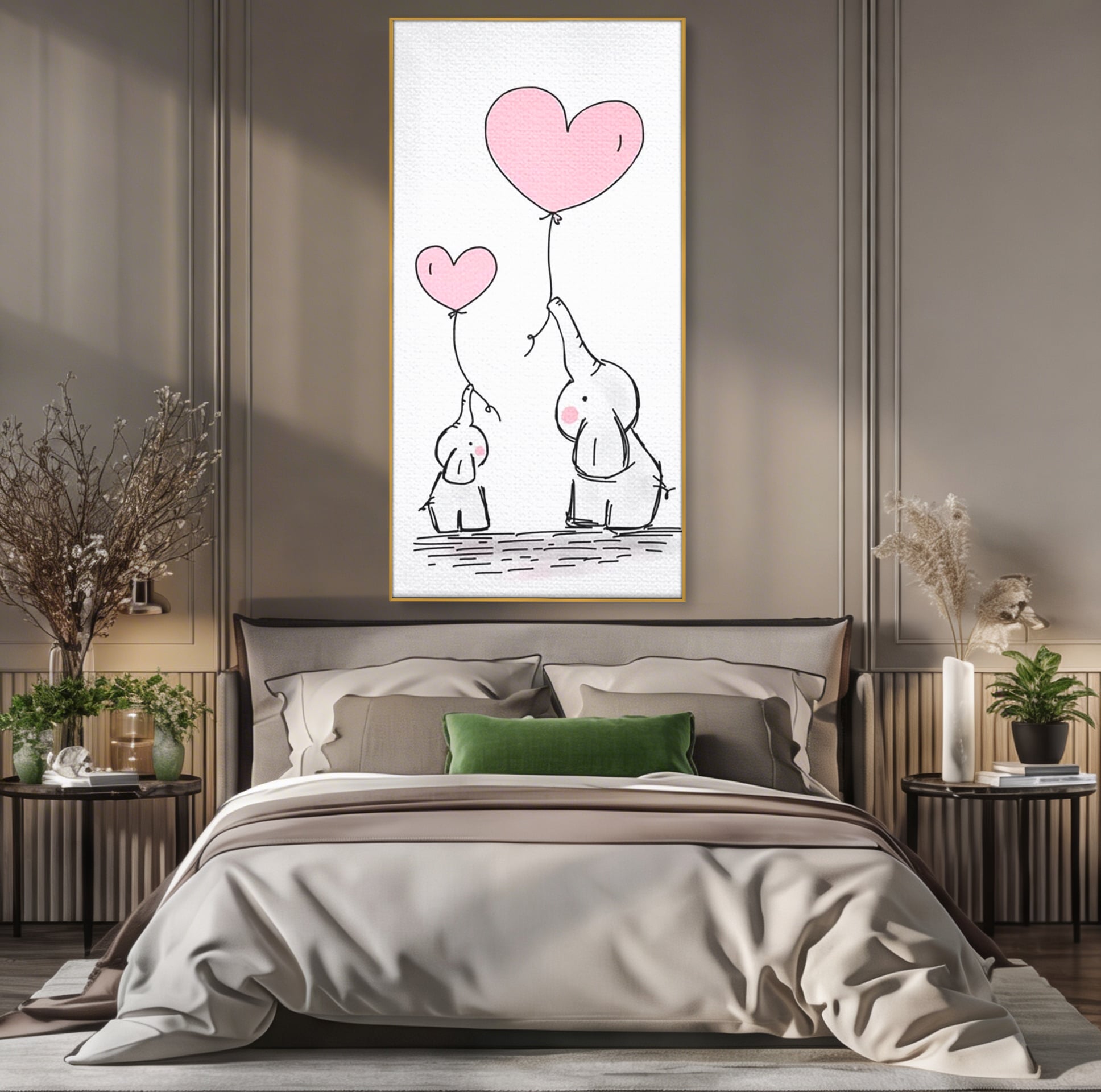Tablou canvas cu ilustratie cu elefanti si baloane, in rama de aluminiu auriu, pe perete intr-un dormitor