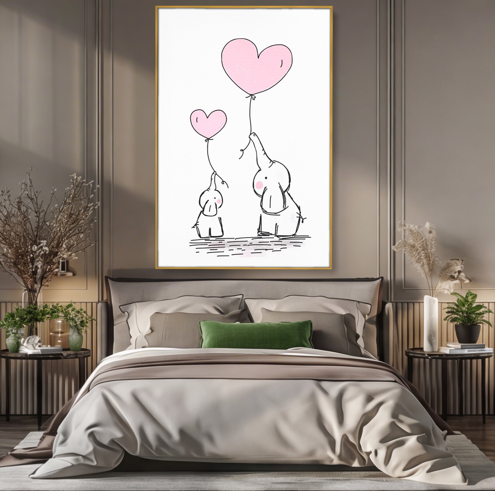 Tablou canvas cu ilustratie cu elefanti si baloane, in rama de aluminiu auriu, pe perete intr-un dormitor