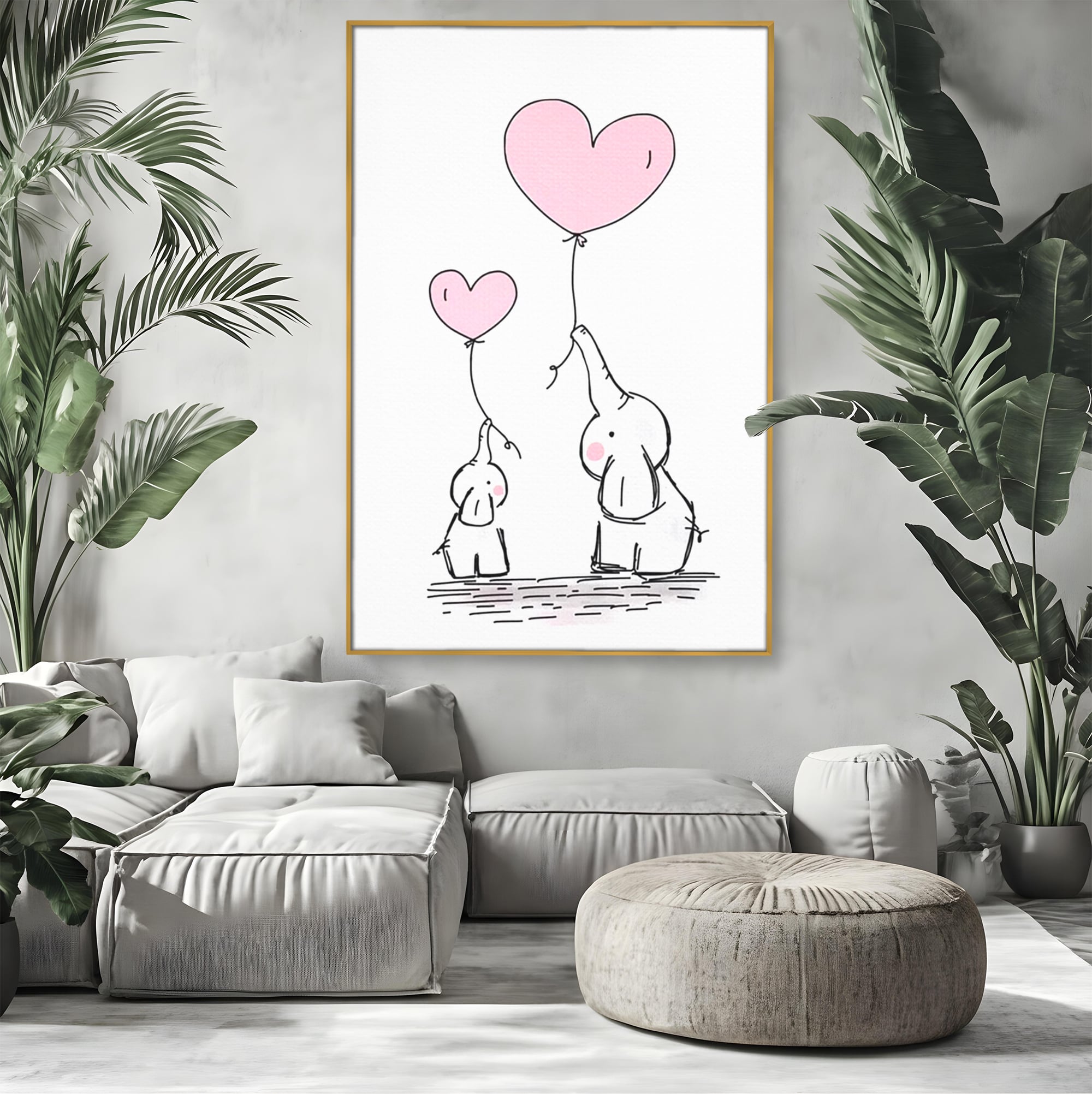 Tablou canvas cu ilustratie cu elefanti si baloane, in rama de aluminiu auriu, pe perete intr-un living