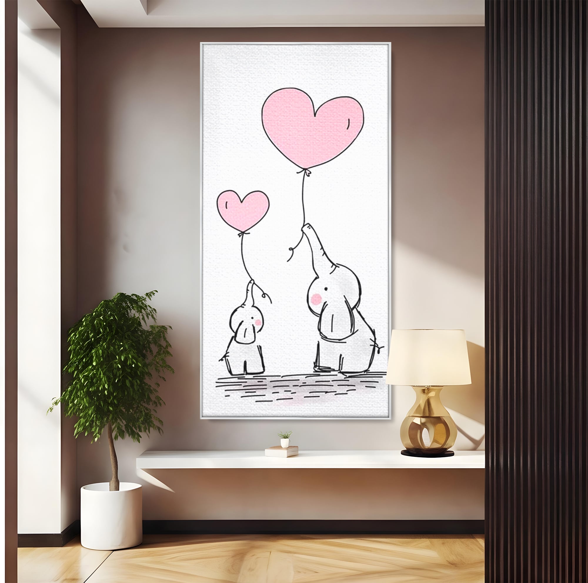 Tablou canvas cu ilustratie cu elefanti si baloane, in rama de aluminiu argintiu