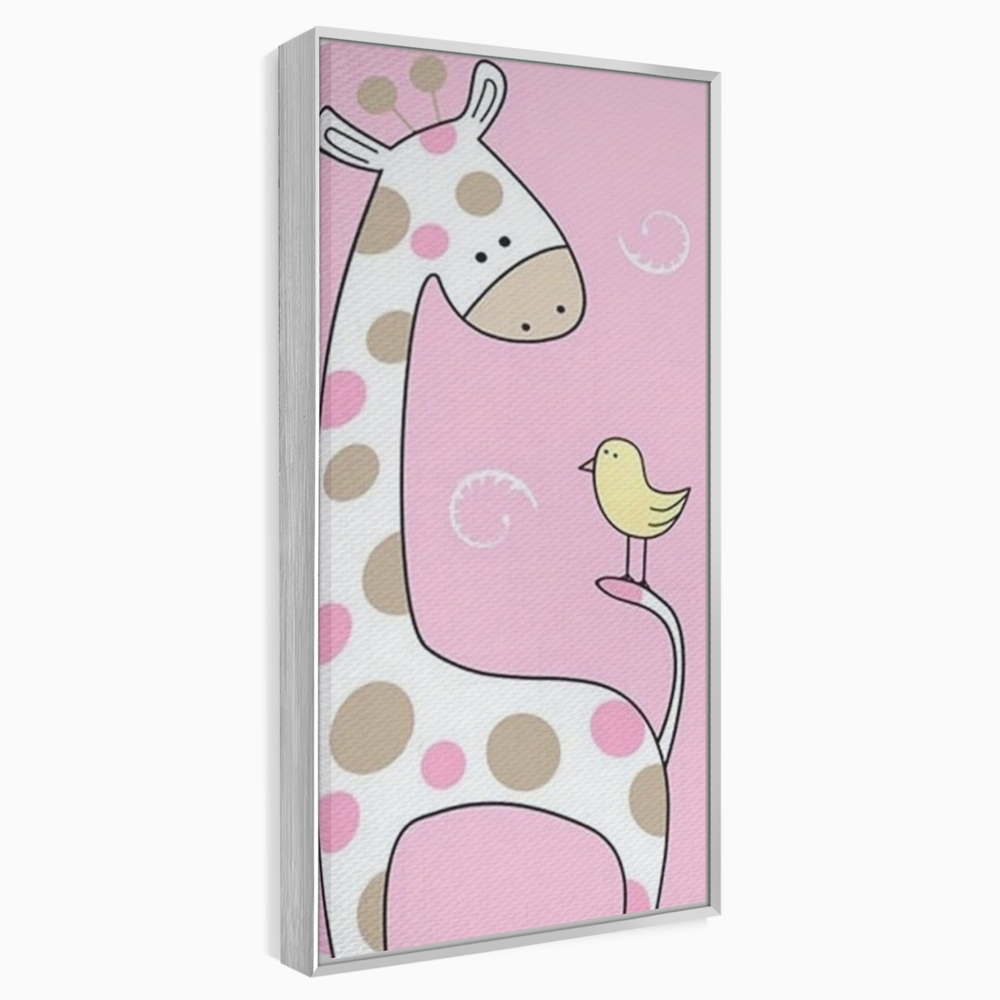 Tablou canvas cu ilustratie cu o girafa si o pasare, in rama de aluminiu argintiu
