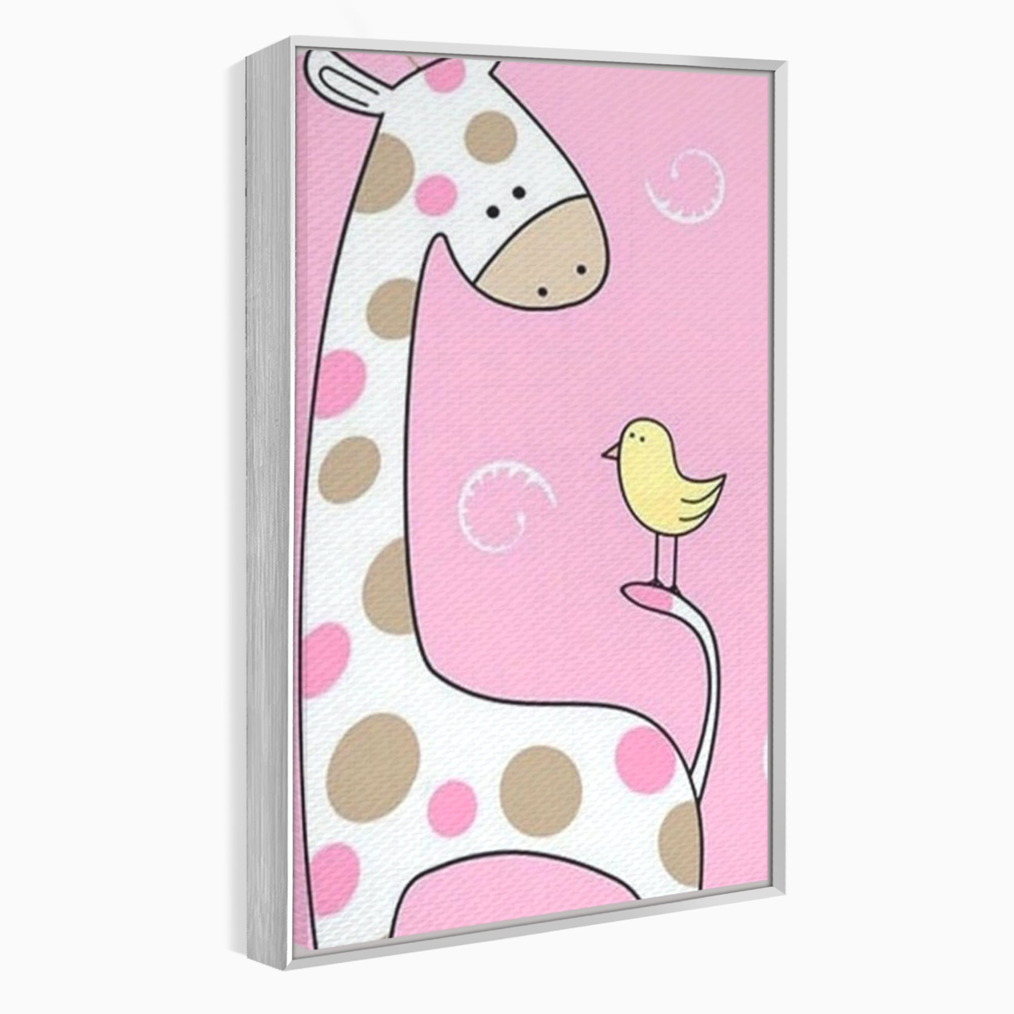 Tablou canvas cu ilustratie cu o girafa si o pasare, in rama de aluminiu argintiu
