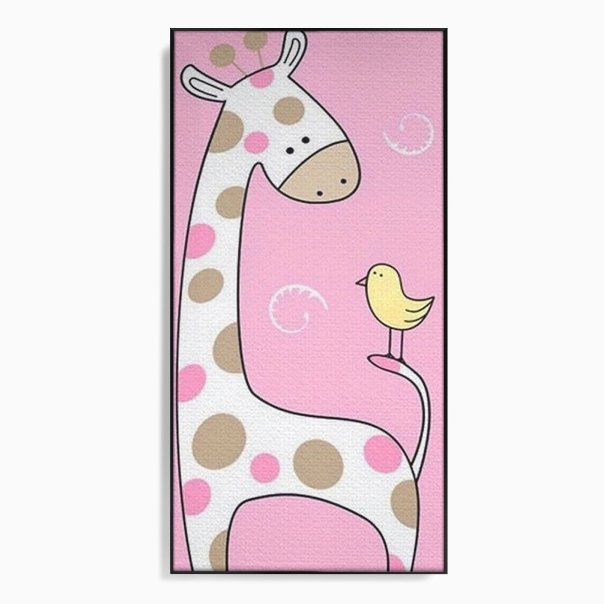 Tablou canvas cu ilustratie cu o girafa si o pasare, in rama de aluminiu negru