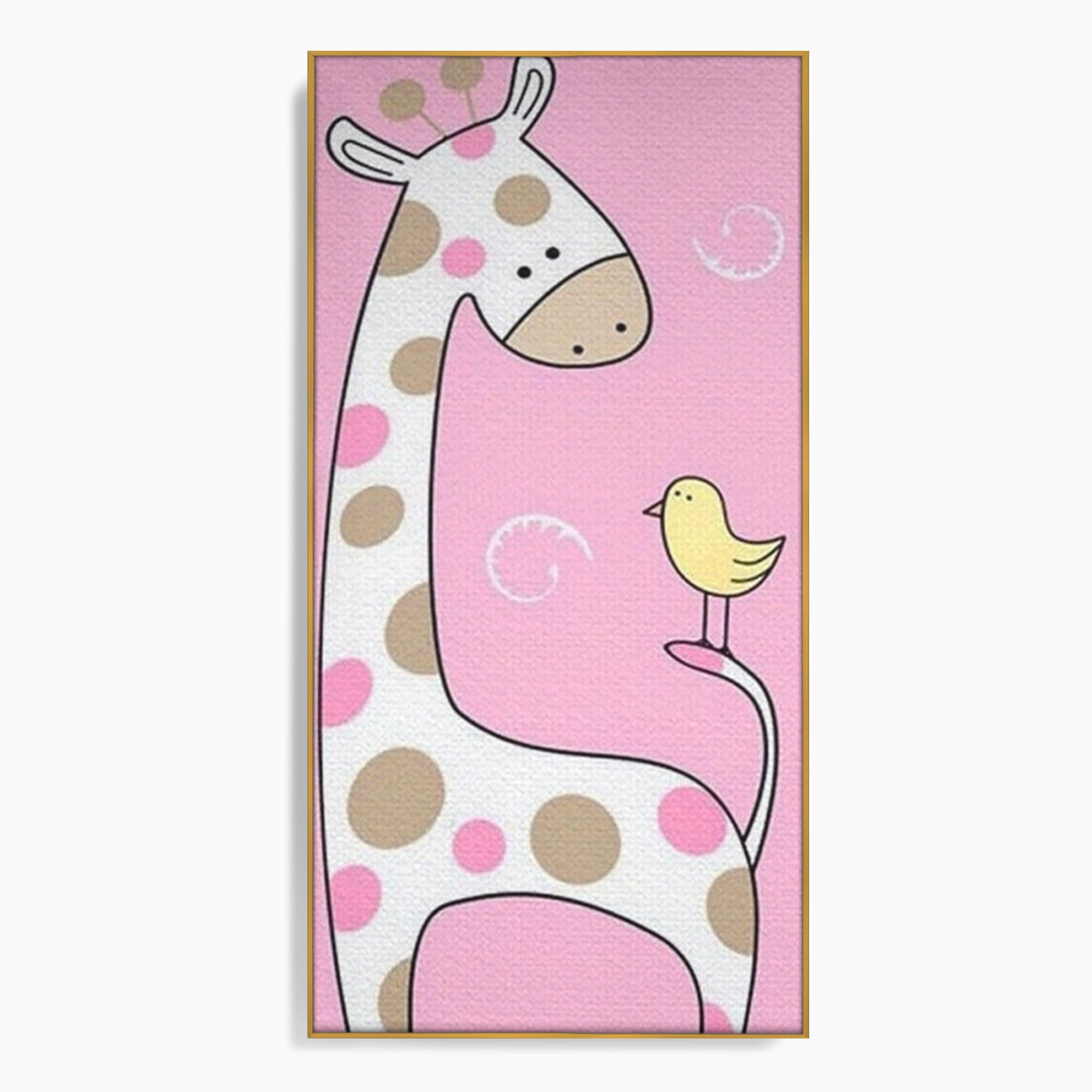 Tablou canvas cu ilustratie cu o girafa si o pasare, in rama de aluminiu auriu