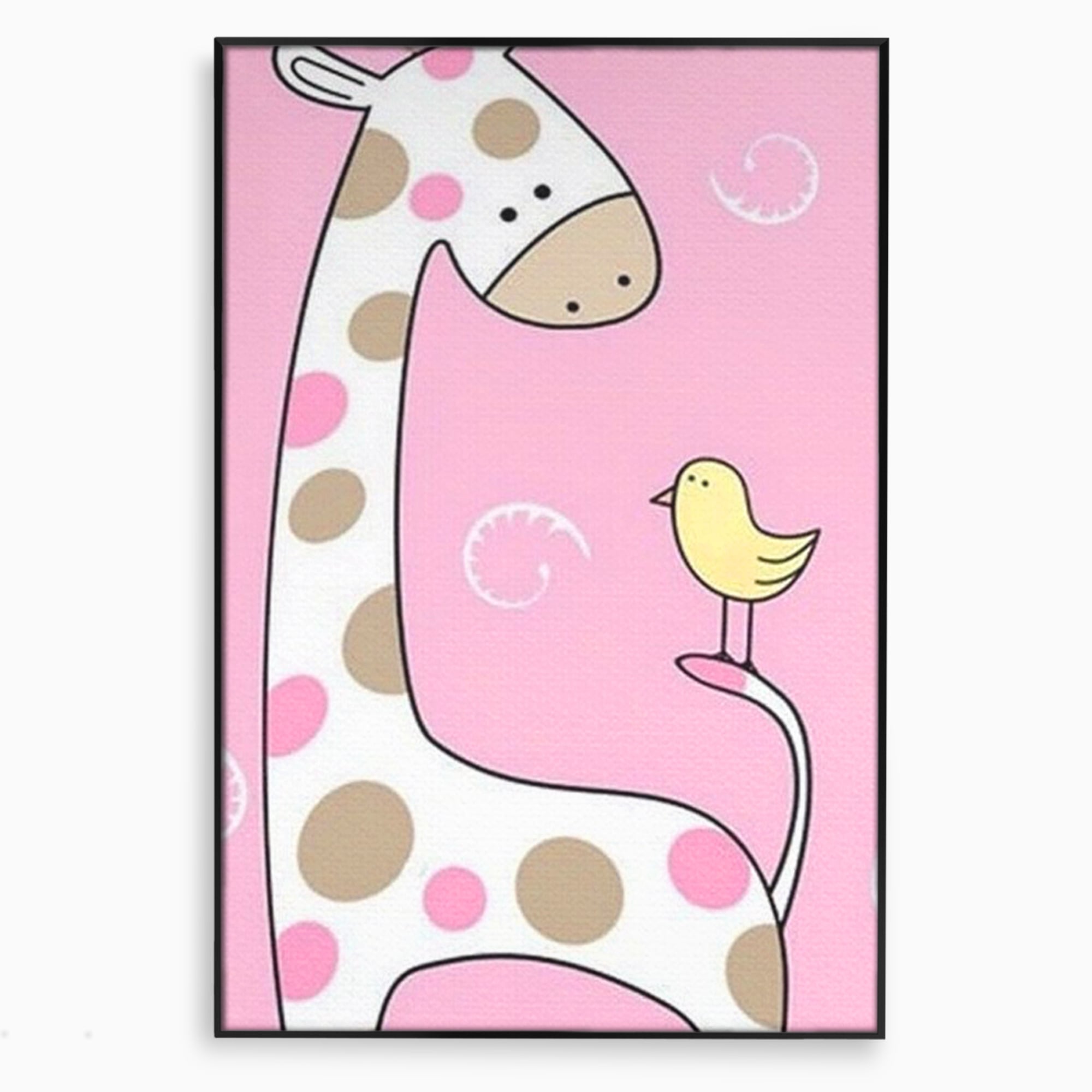 Tablou canvas cu ilustratie cu o girafa si o pasare, in rama de aluminiu negru