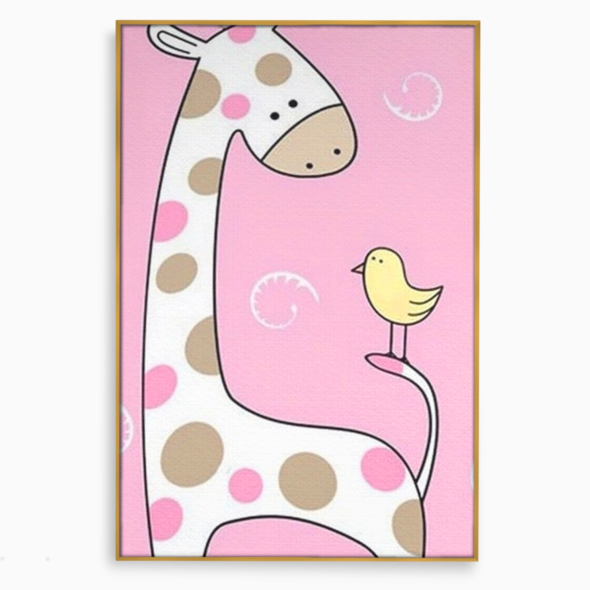 Tablou canvas cu ilustratie cu o girafa si o pasare, in rama de aluminiu auriu