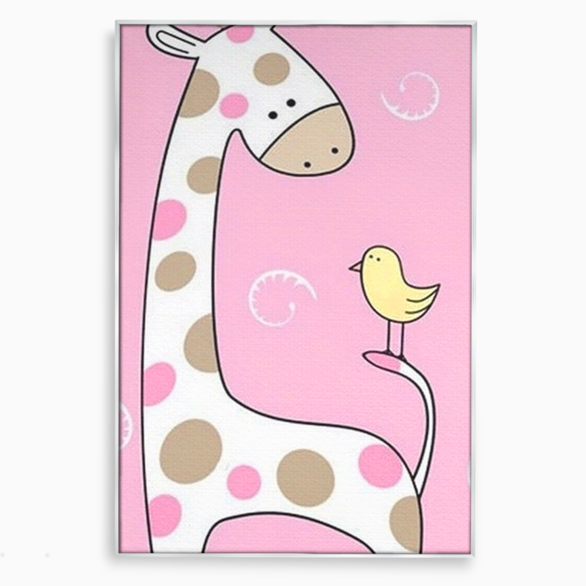 Tablou canvas cu ilustratie cu o girafa si o pasare, in rama de aluminiu argintiu