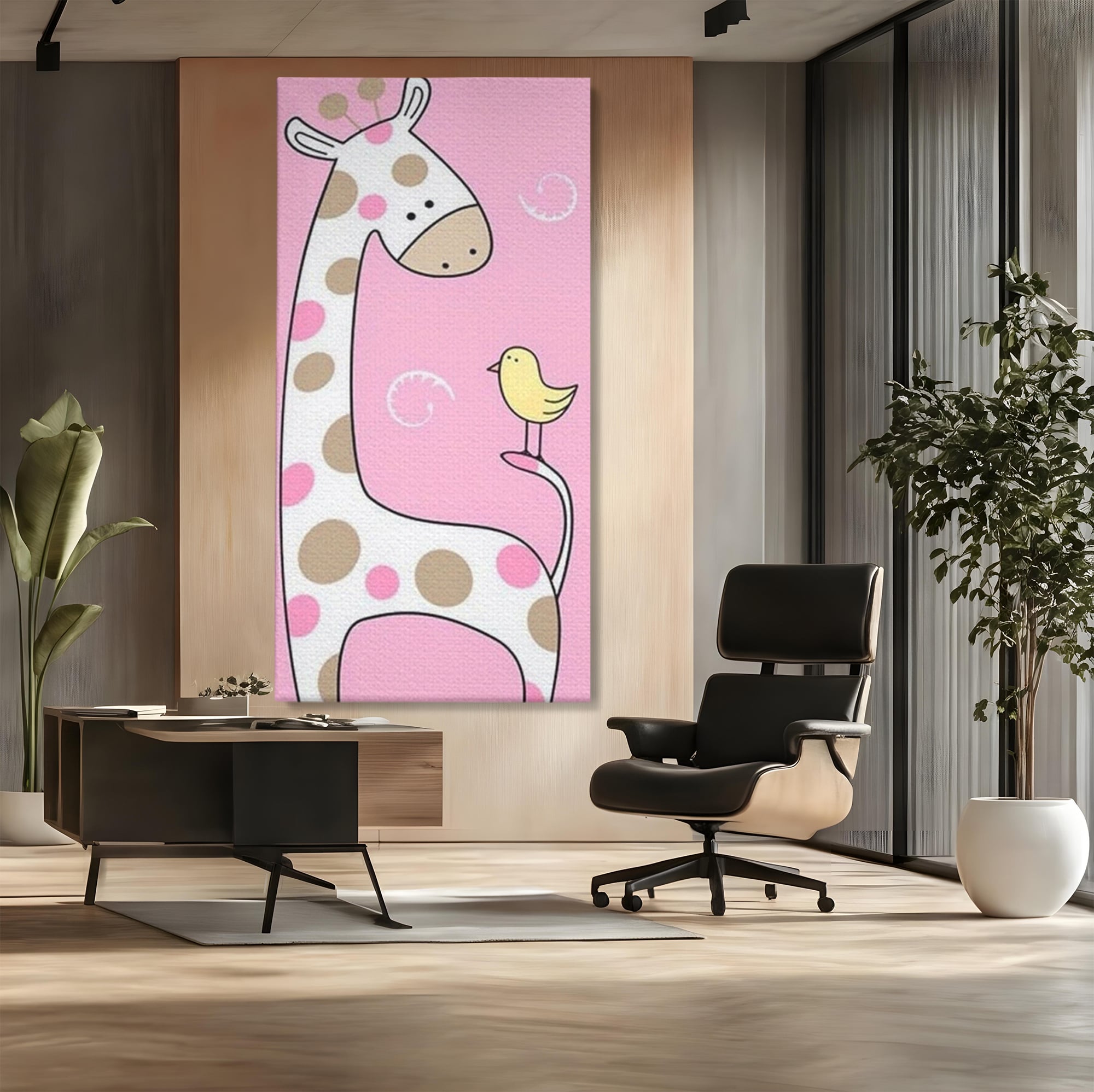 Tablou canvas cu ilustratie cu o girafa si o pasare, fara rama, pe sasiu de lemn, pe perete intr-un birou