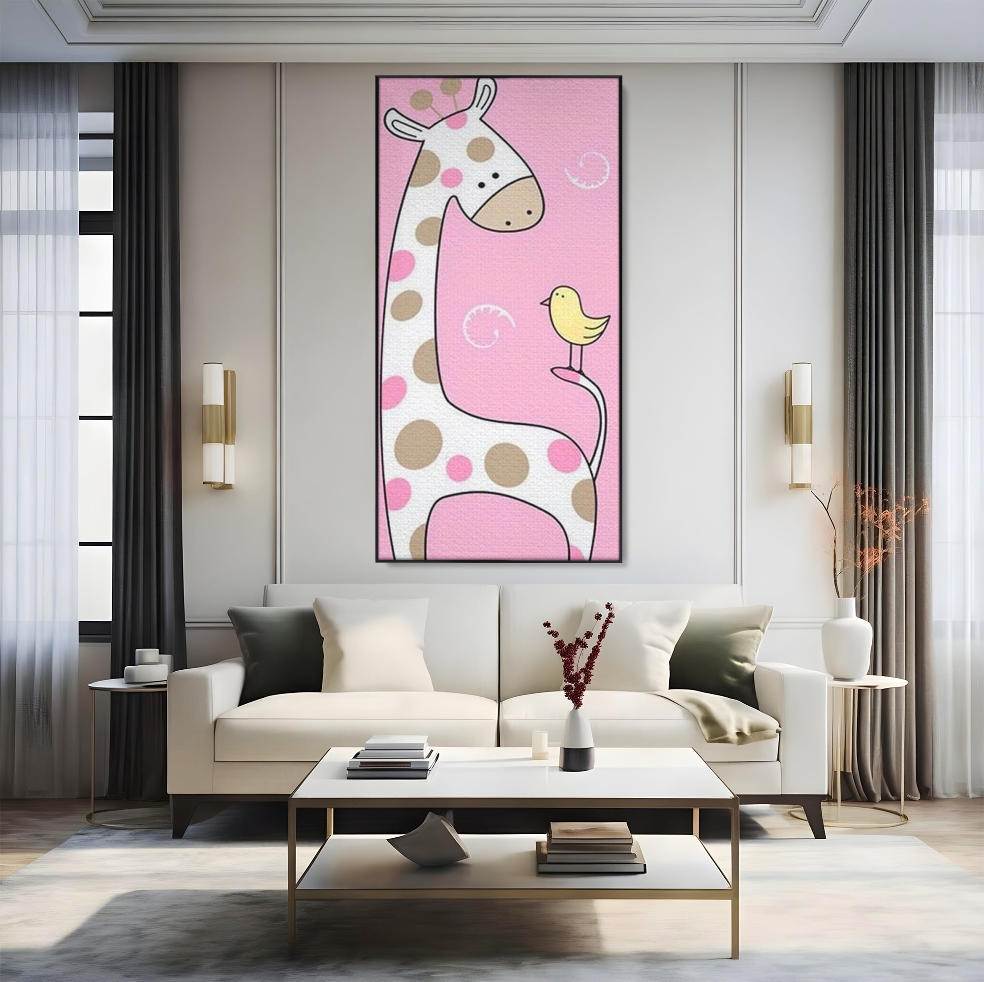Tablou canvas cu ilustratie cu o girafa si o pasare, in rama de aluminiu negru, pe perete intr-un living