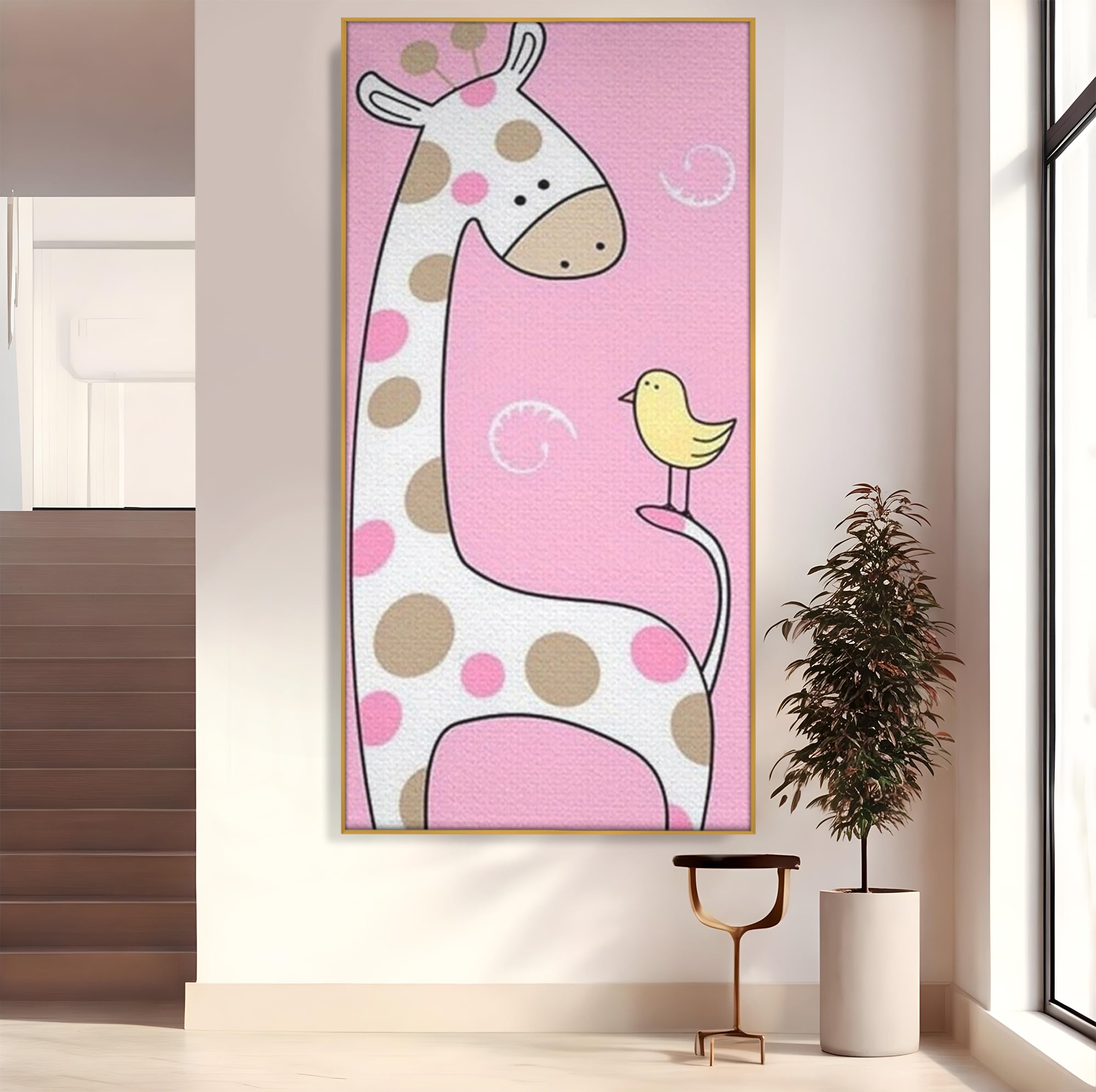 Tablou canvas cu ilustratie cu o girafa si o pasare, in rama de aluminiu auriu