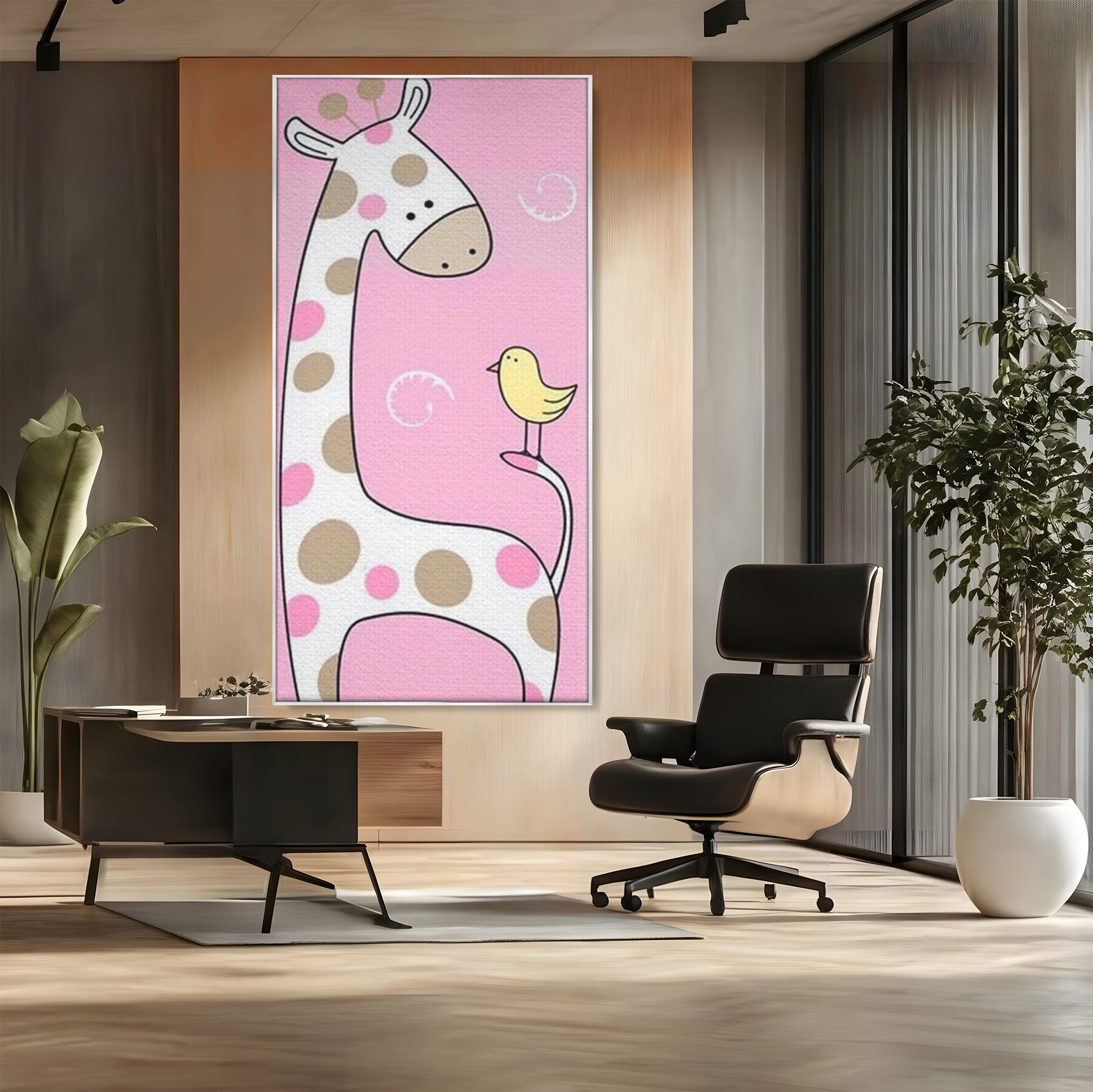 Tablou canvas cu ilustratie cu o girafa si o pasare, in rama de aluminiu argintiu, pe perete intr-un birou