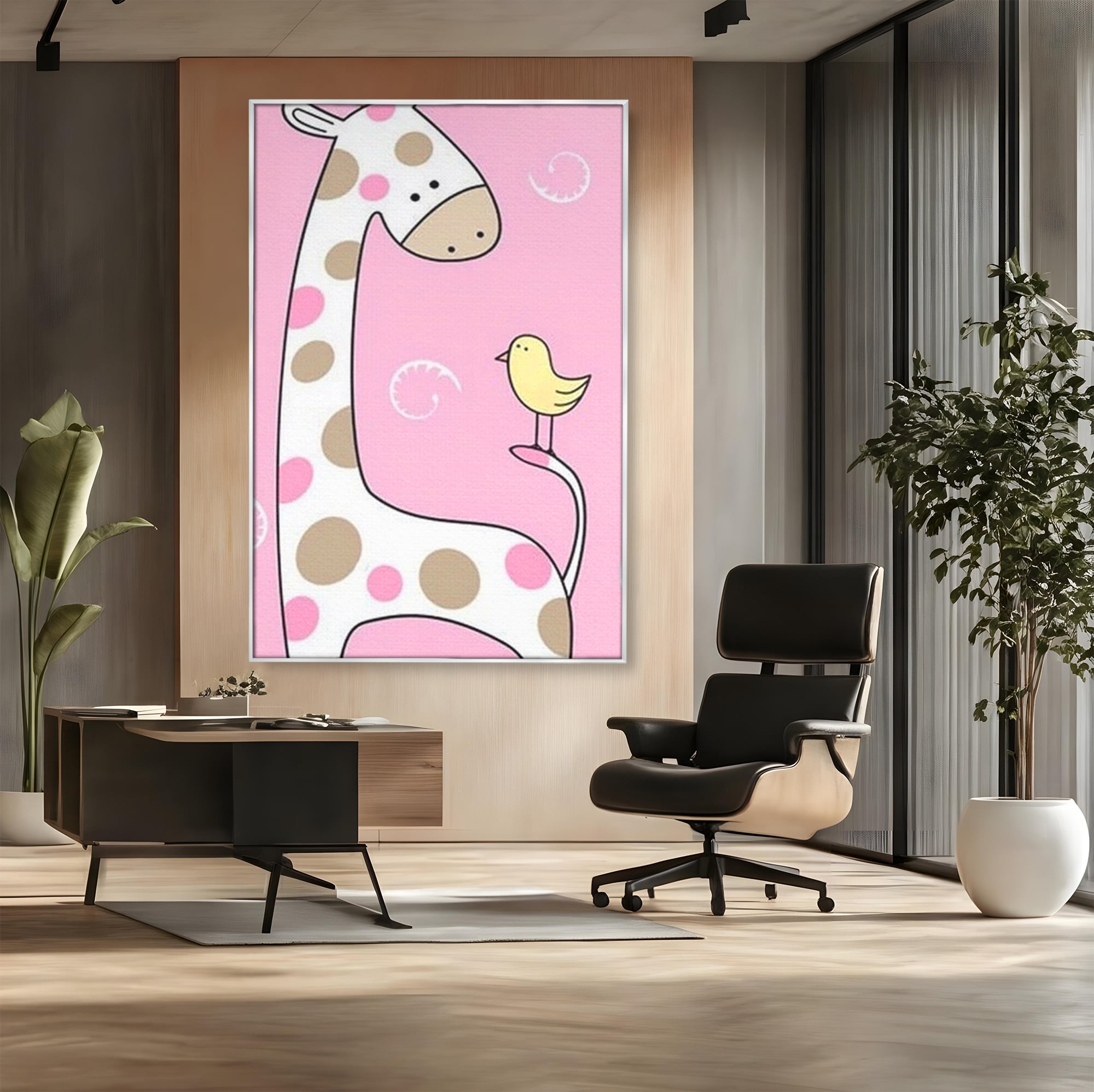Tablou canvas cu ilustratie cu o girafa si o pasare, in rama de aluminiu argintiu, pe perete intr-un birou