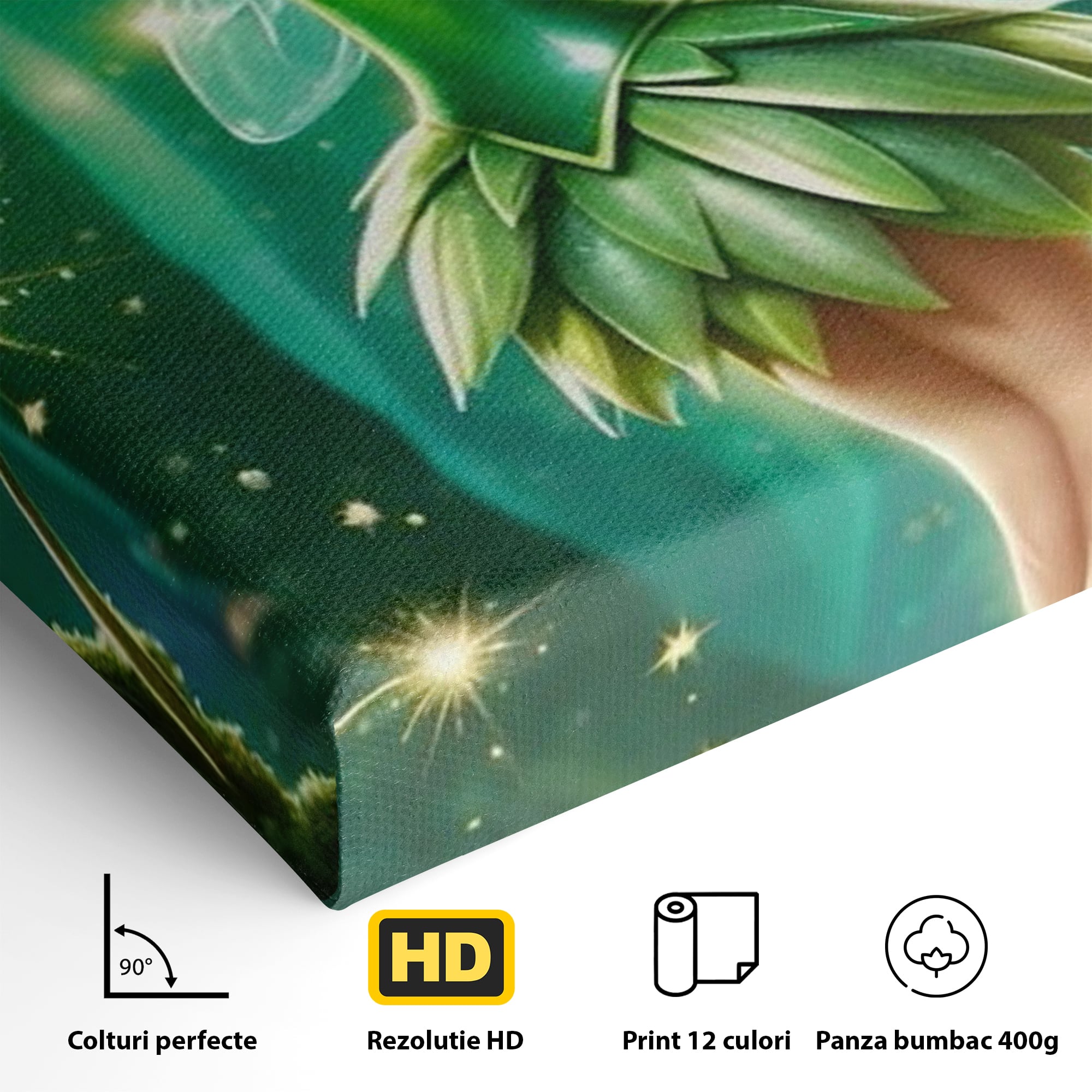 Detaliu al suprafetei: tablou canvas cu zana tinker bell, fara rama, pe sasiu de lemn