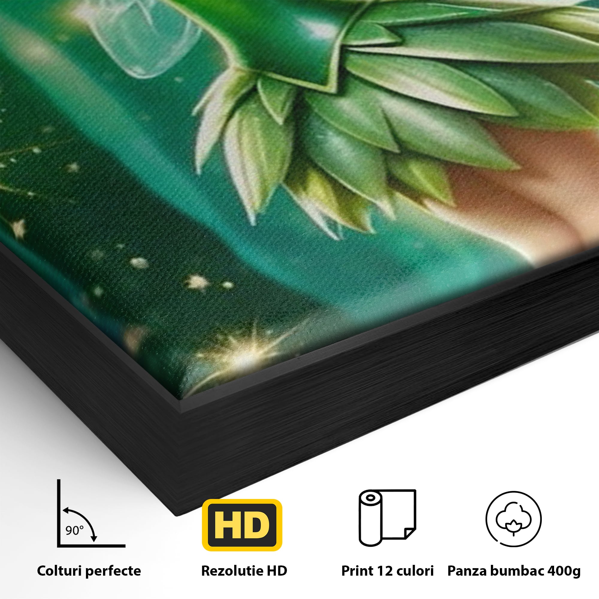 Detaliu al suprafetei: tablou canvas cu zana tinker bell, in rama de aluminiu negru