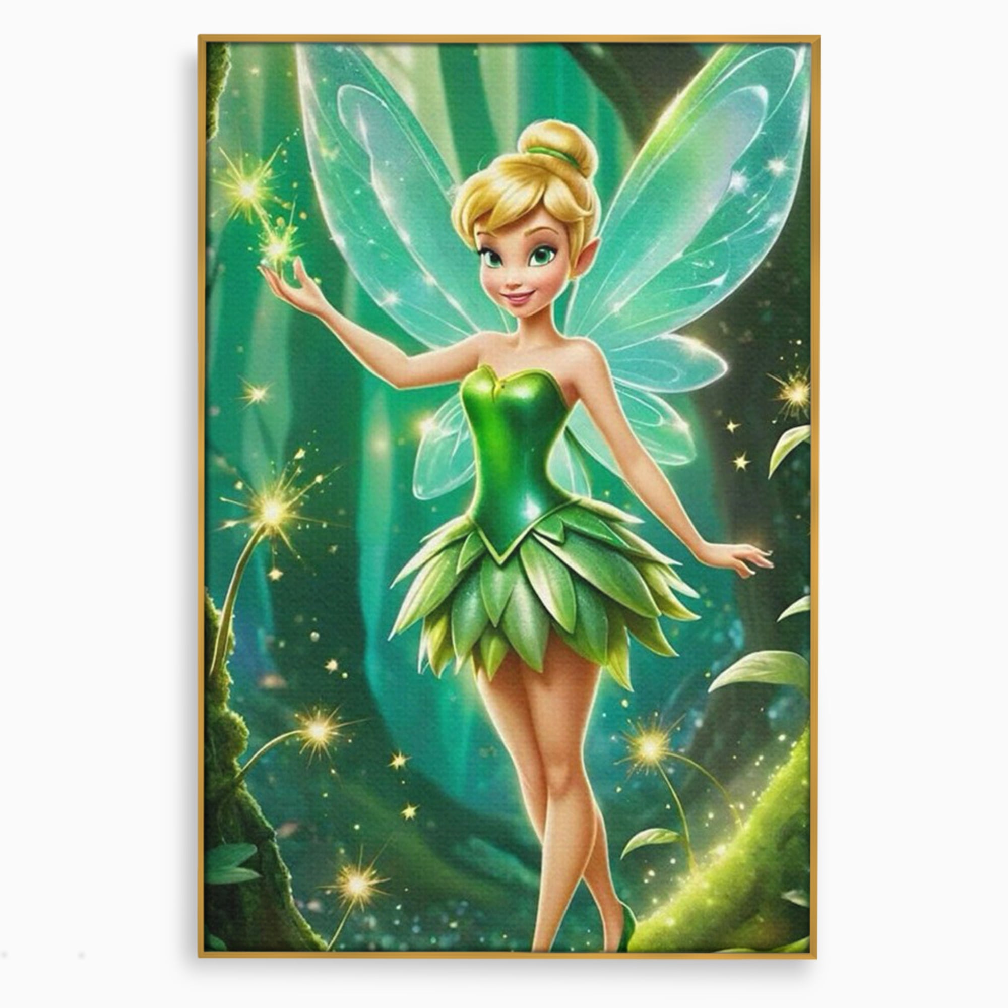 Tablou canvas cu tablou canvas cu zana tinker bell, in rama de aluminiu auriu