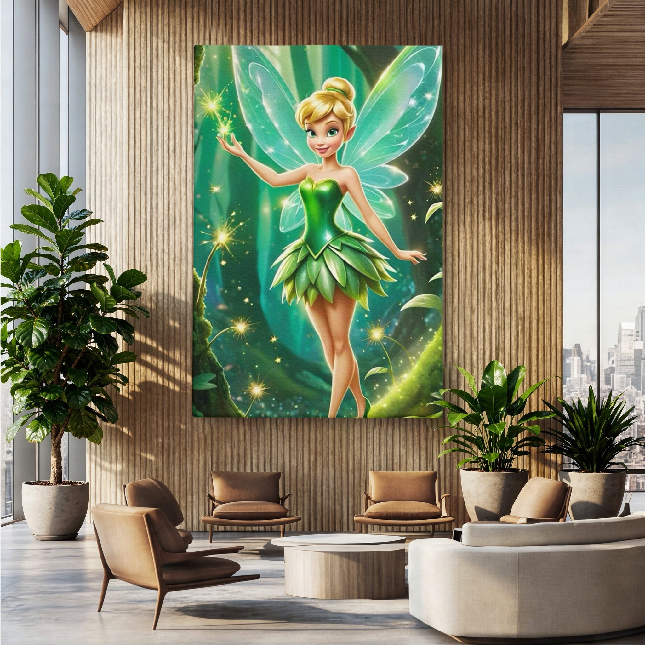 Tablou canvas cu tablou canvas cu zana tinker bell, fara rama, pe sasiu de lemn, pe perete intr-un birou