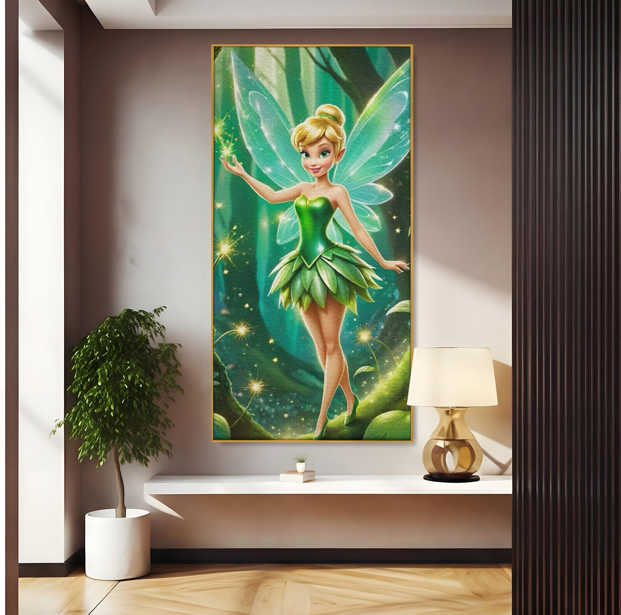 Tablou canvas cu tablou canvas cu zana tinker bell, in rama de aluminiu auriu