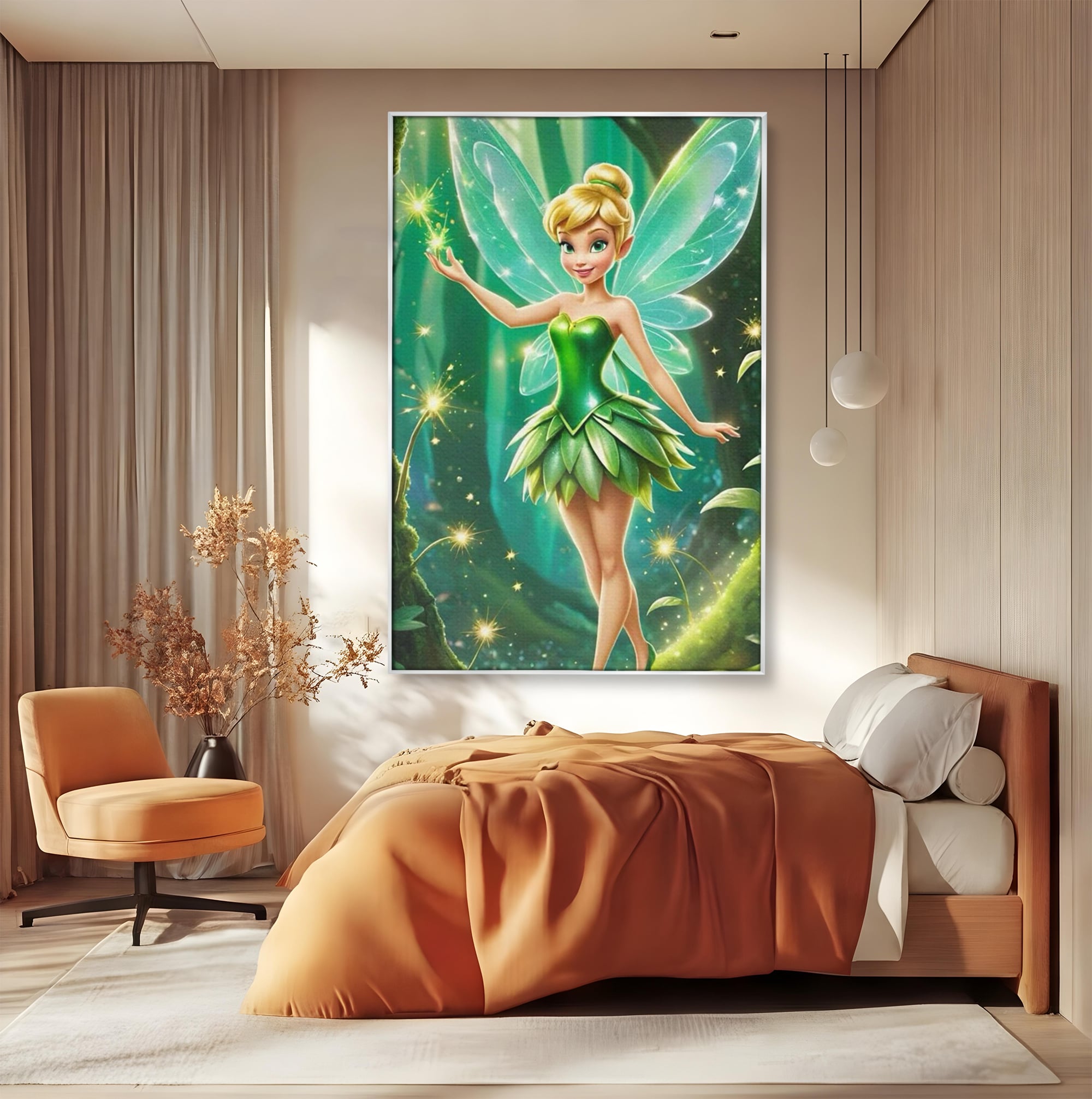 Tablou canvas cu tablou canvas cu zana tinker bell, in rama de aluminiu argintiu, pe perete intr-un dormitor