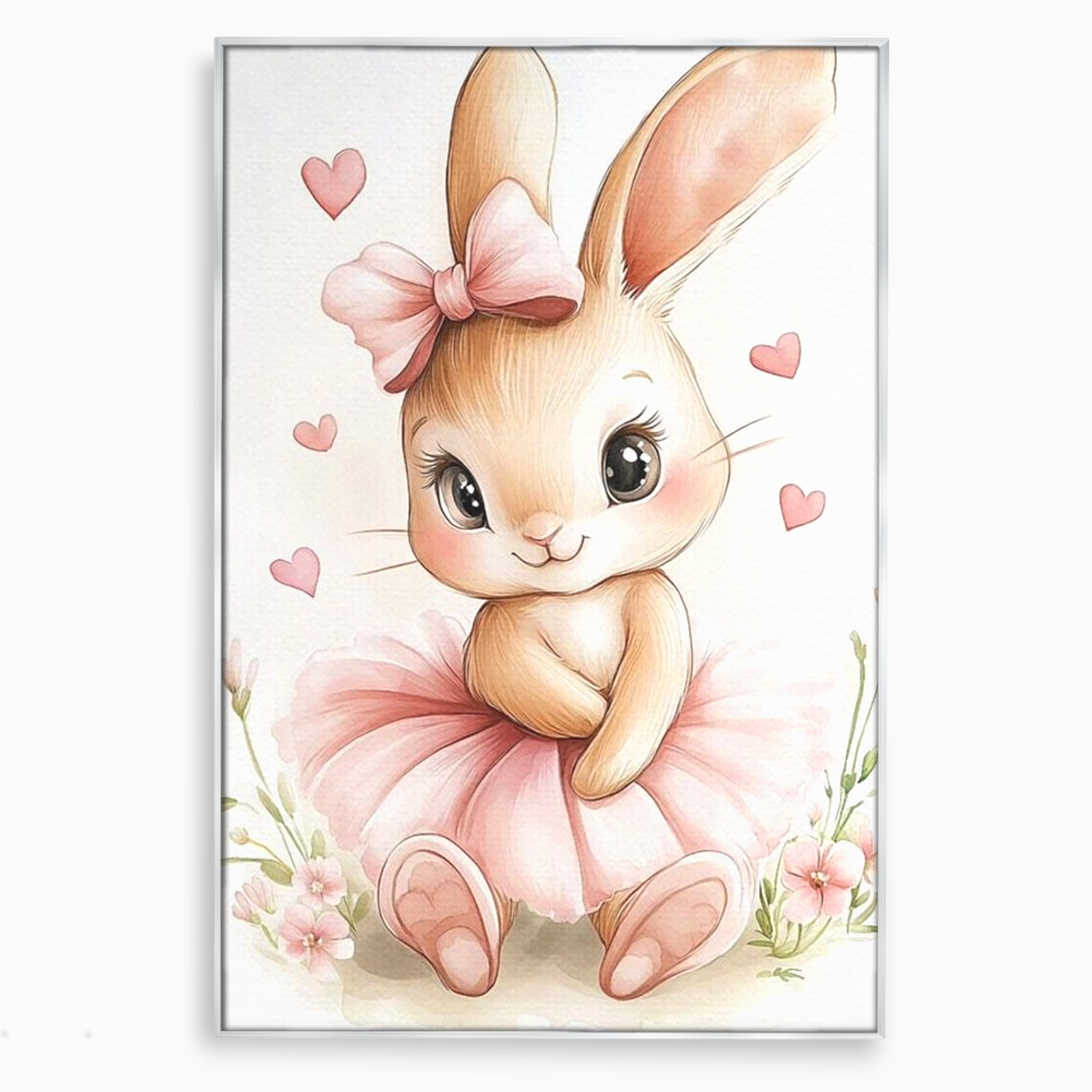 Tablou canvas cu ilustratie cu iepuras balerina, in rama de aluminiu argintiu