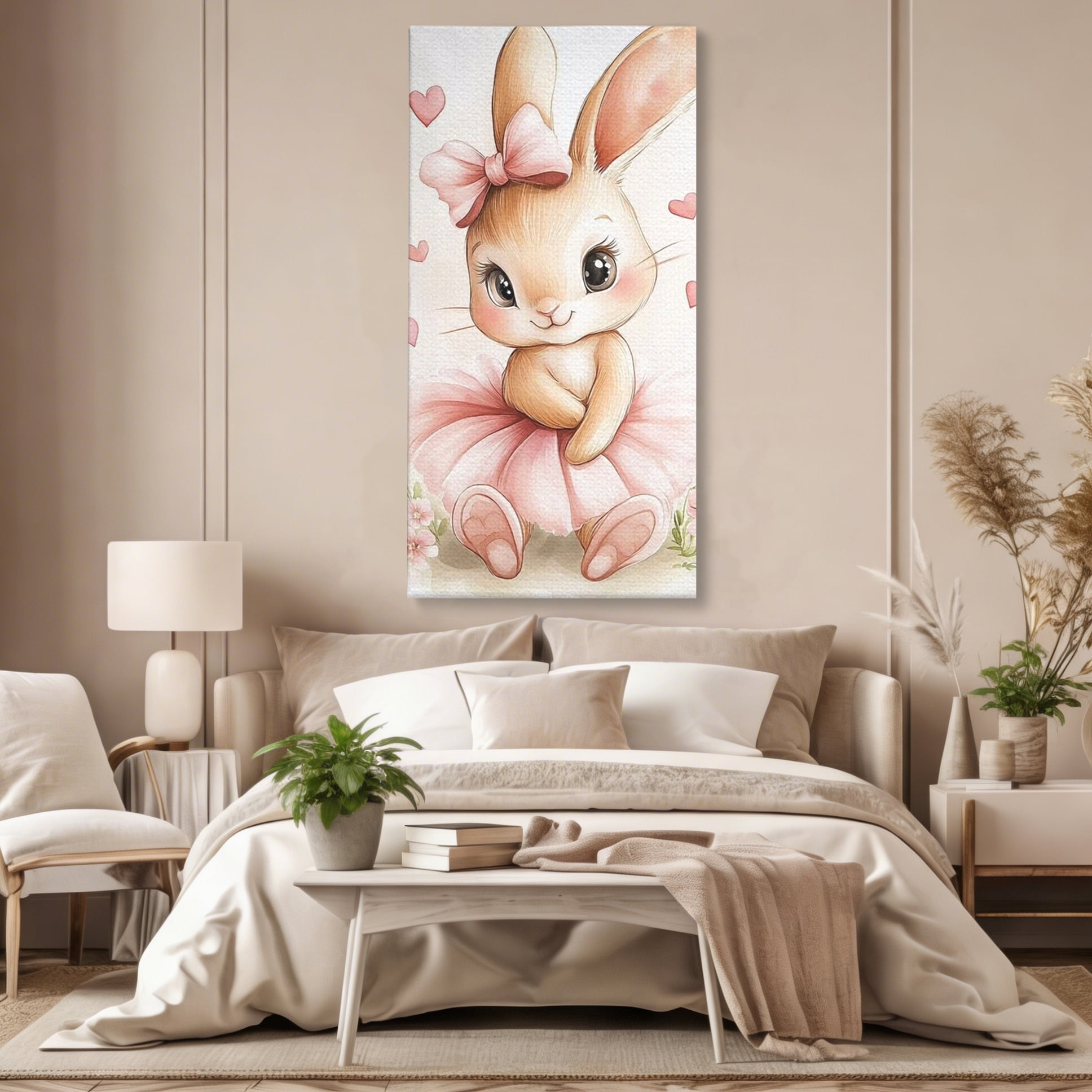 Tablou canvas cu ilustratie cu iepuras balerina, fara rama, pe sasiu de lemn, pe perete intr-un dormitor