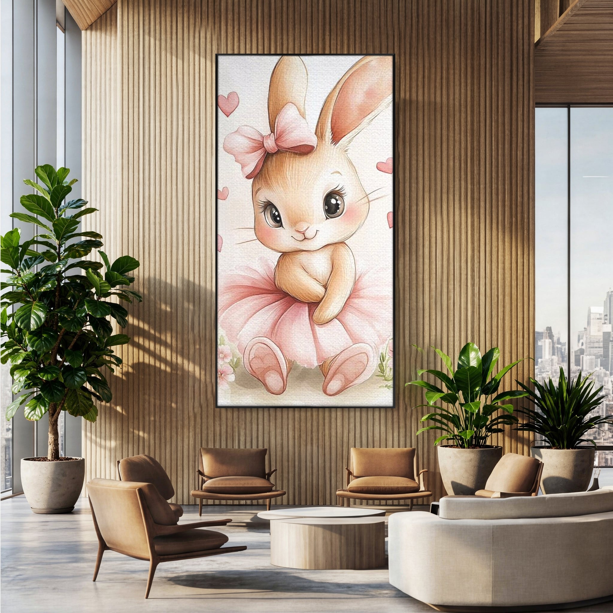 Tablou canvas cu ilustratie cu iepuras balerina, in rama de aluminiu negru, pe perete intr-un birou