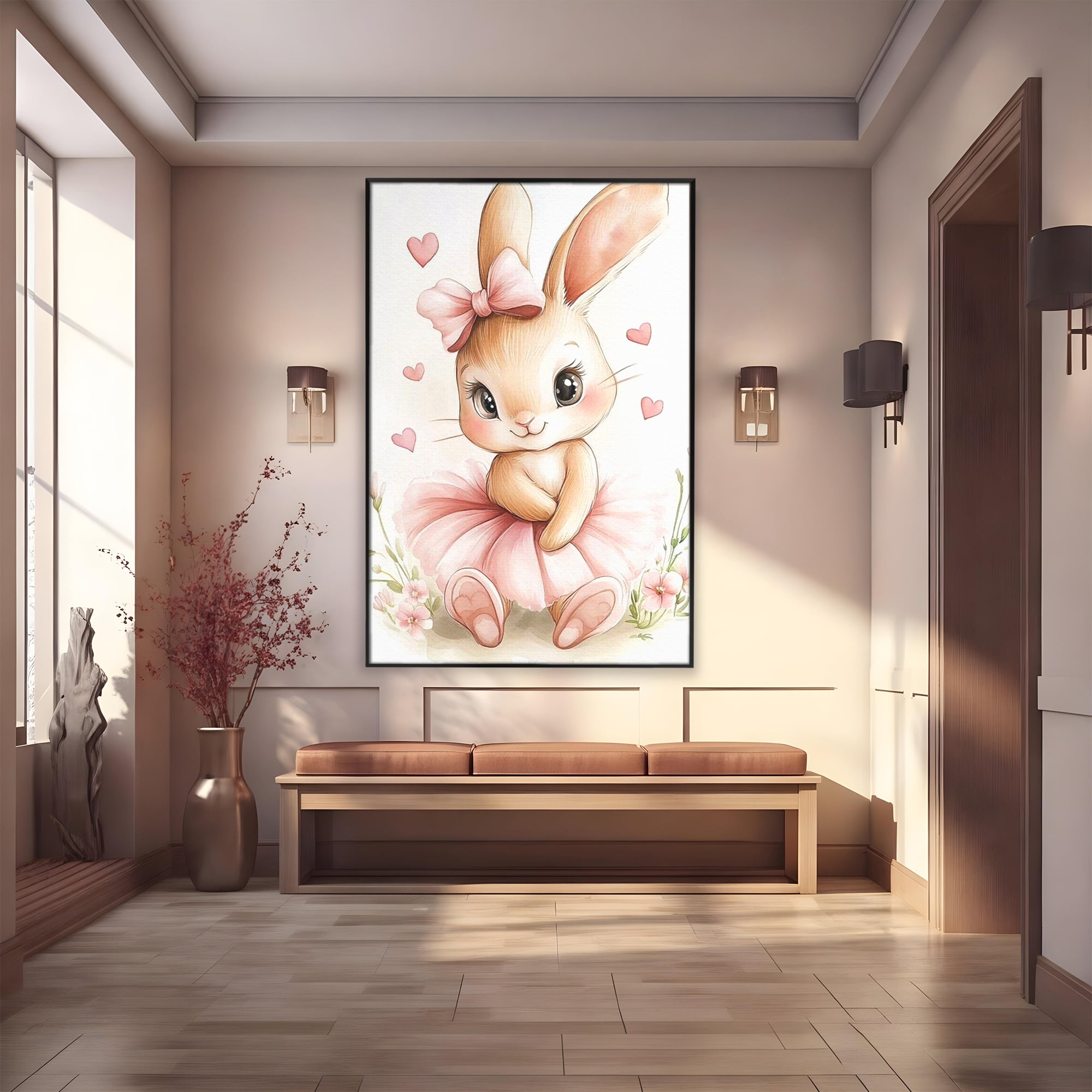 Tablou canvas cu ilustratie cu iepuras balerina, in rama de aluminiu negru