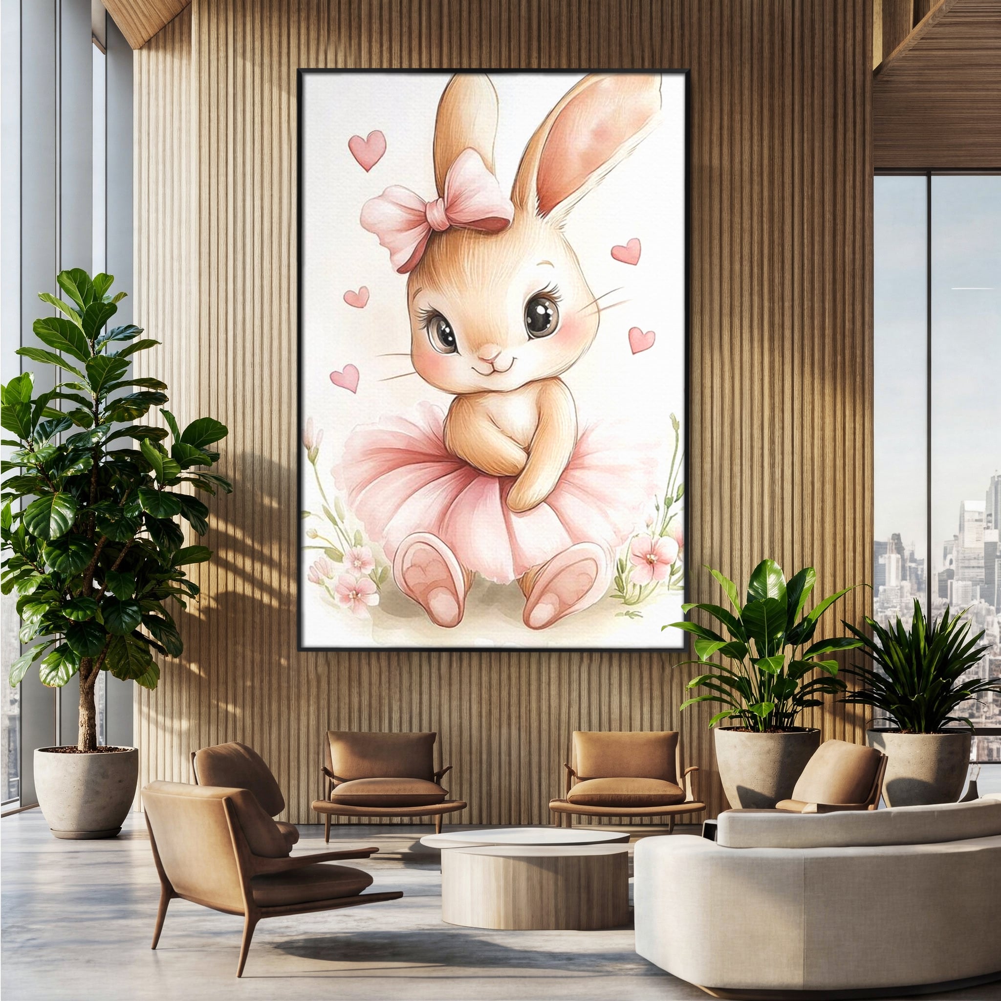 Tablou canvas cu ilustratie cu iepuras balerina, in rama de aluminiu negru, pe perete intr-un birou