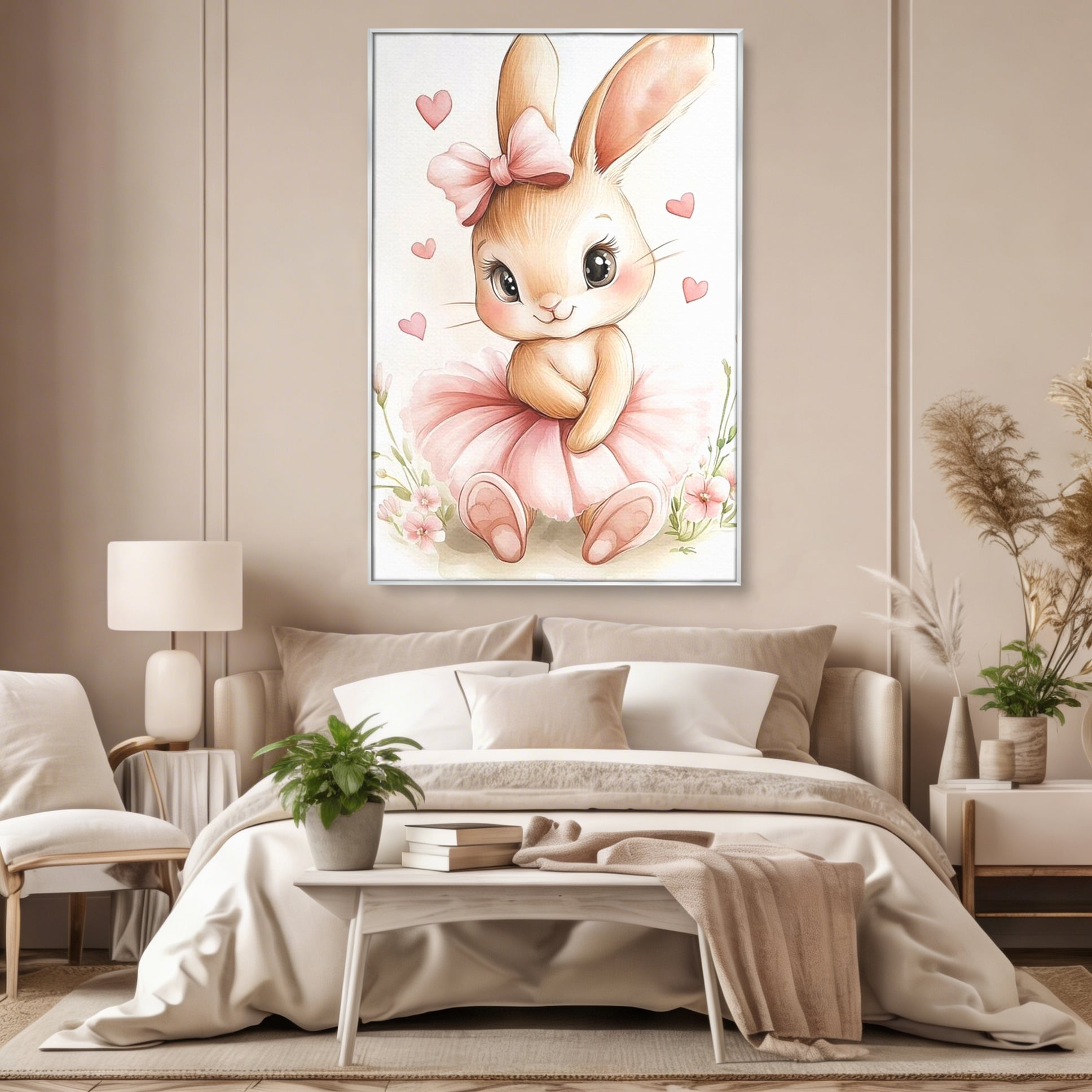 Tablou canvas cu ilustratie cu iepuras balerina, in rama de aluminiu argintiu, pe perete intr-un dormitor