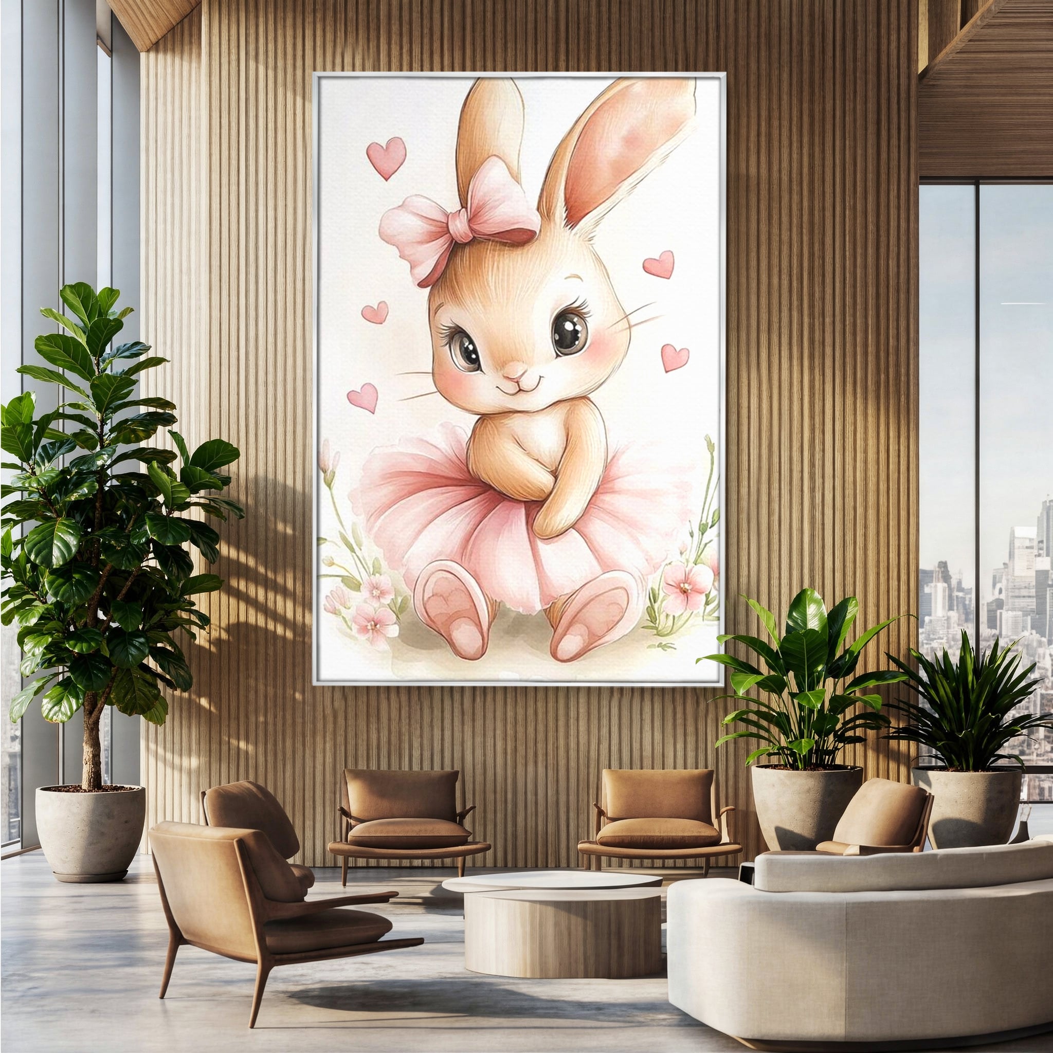 Tablou canvas cu ilustratie cu iepuras balerina, in rama de aluminiu argintiu, pe perete intr-un birou