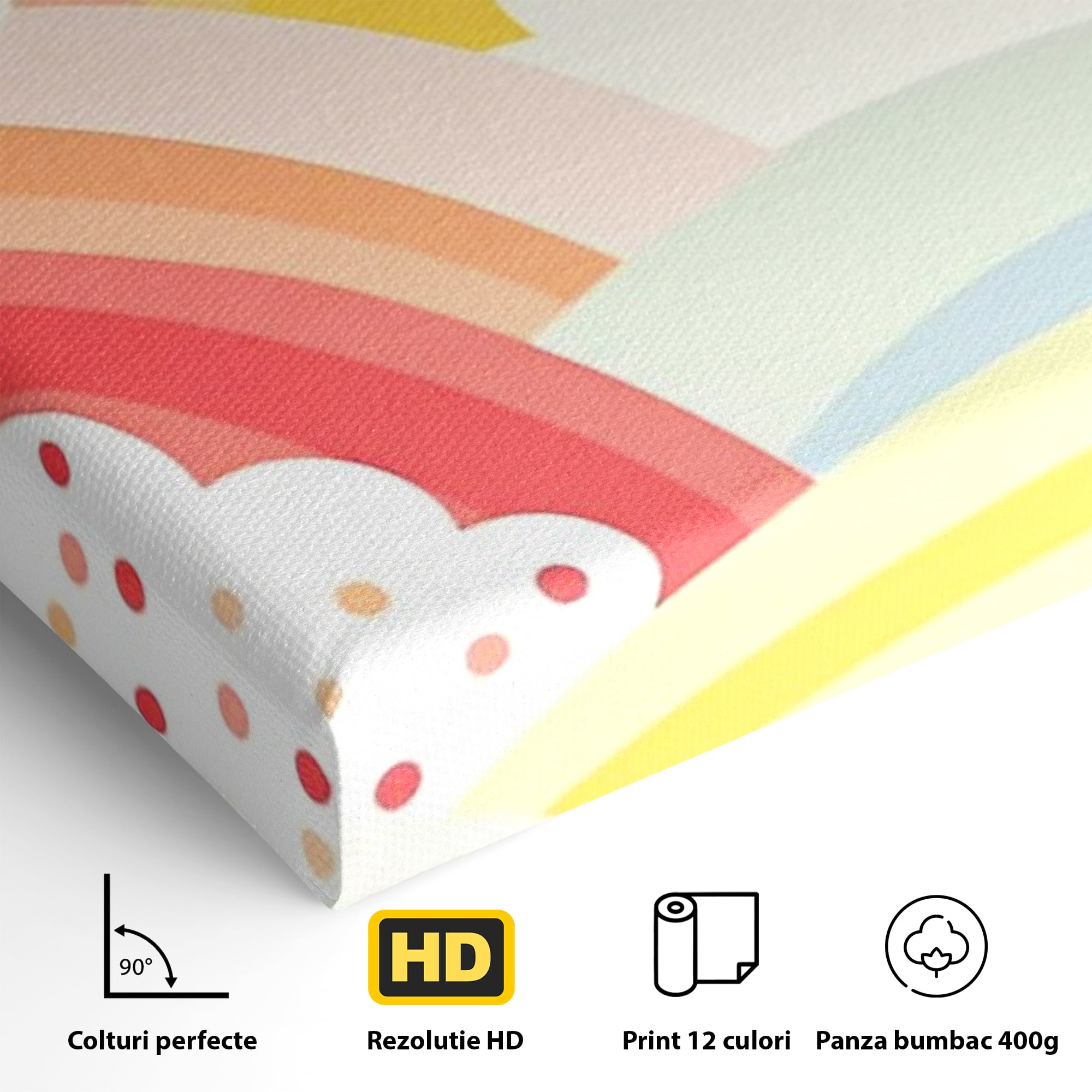 Detaliu al suprafetei: ilustratie digitala cu curcubeu pastel si nori, fara rama, pe sasiu de lemn