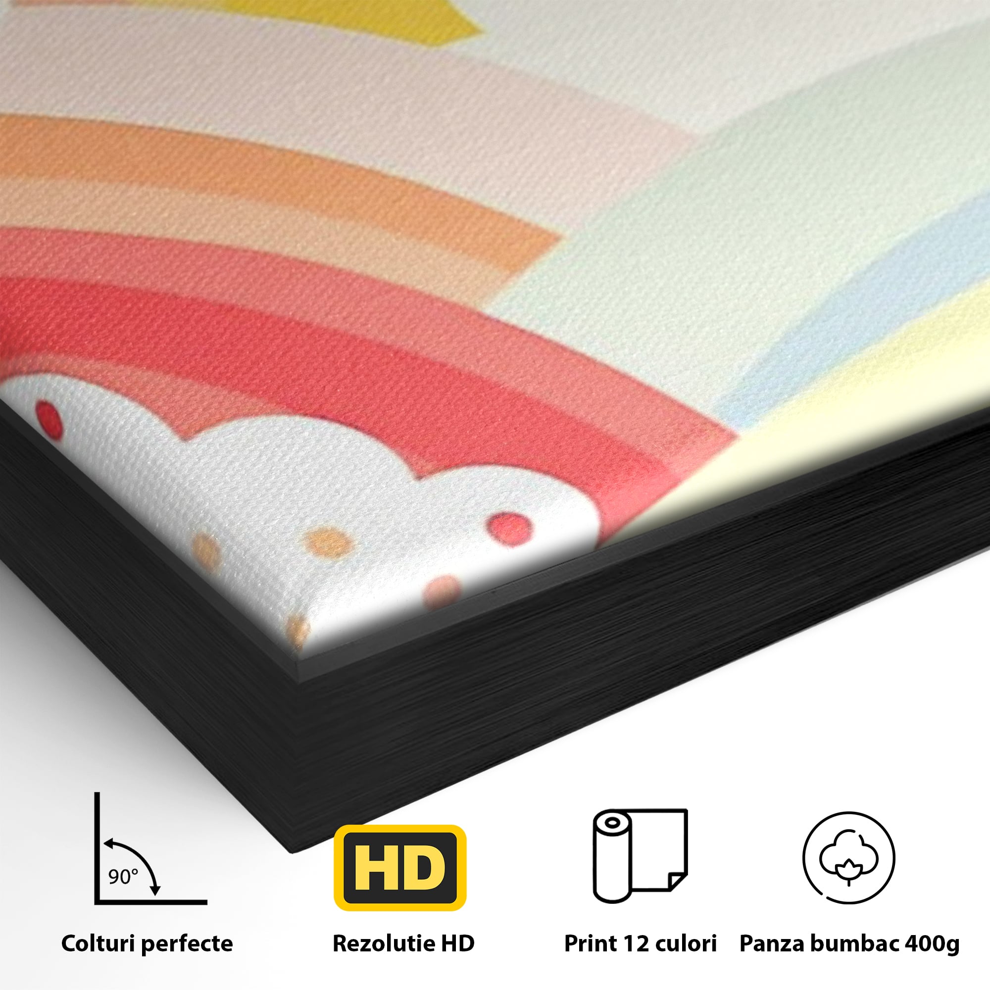 Detaliu al suprafetei: ilustratie digitala cu curcubeu pastel si nori, in rama de aluminiu negru
