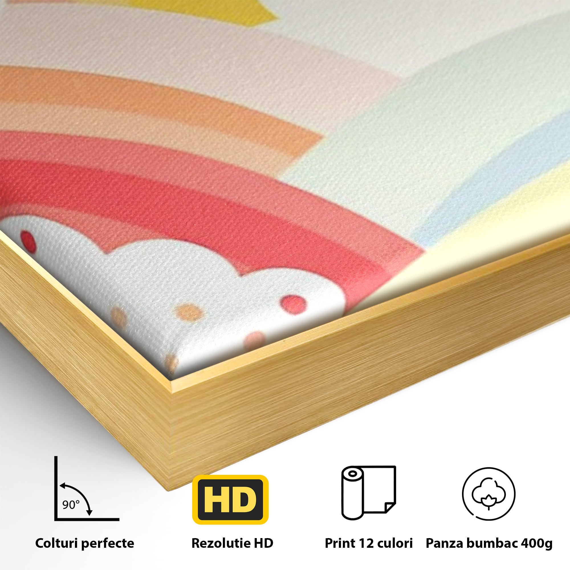 Detaliu al suprafetei: ilustratie digitala cu curcubeu pastel si nori, in rama de aluminiu auriu