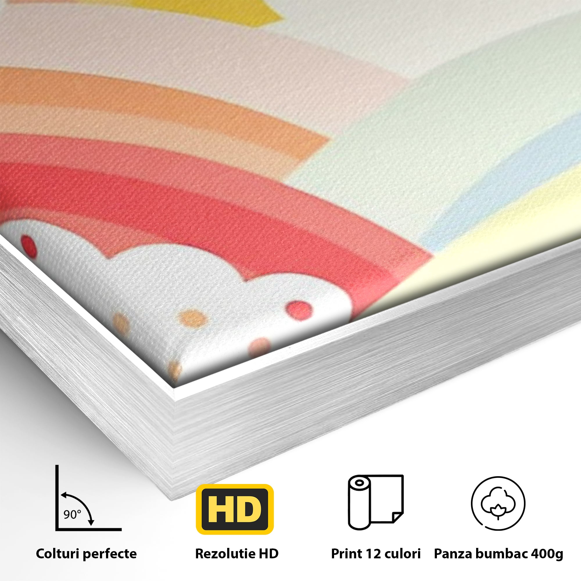 Detaliu al suprafetei: ilustratie digitala cu curcubeu pastel si nori, in rama de aluminiu argintiu
