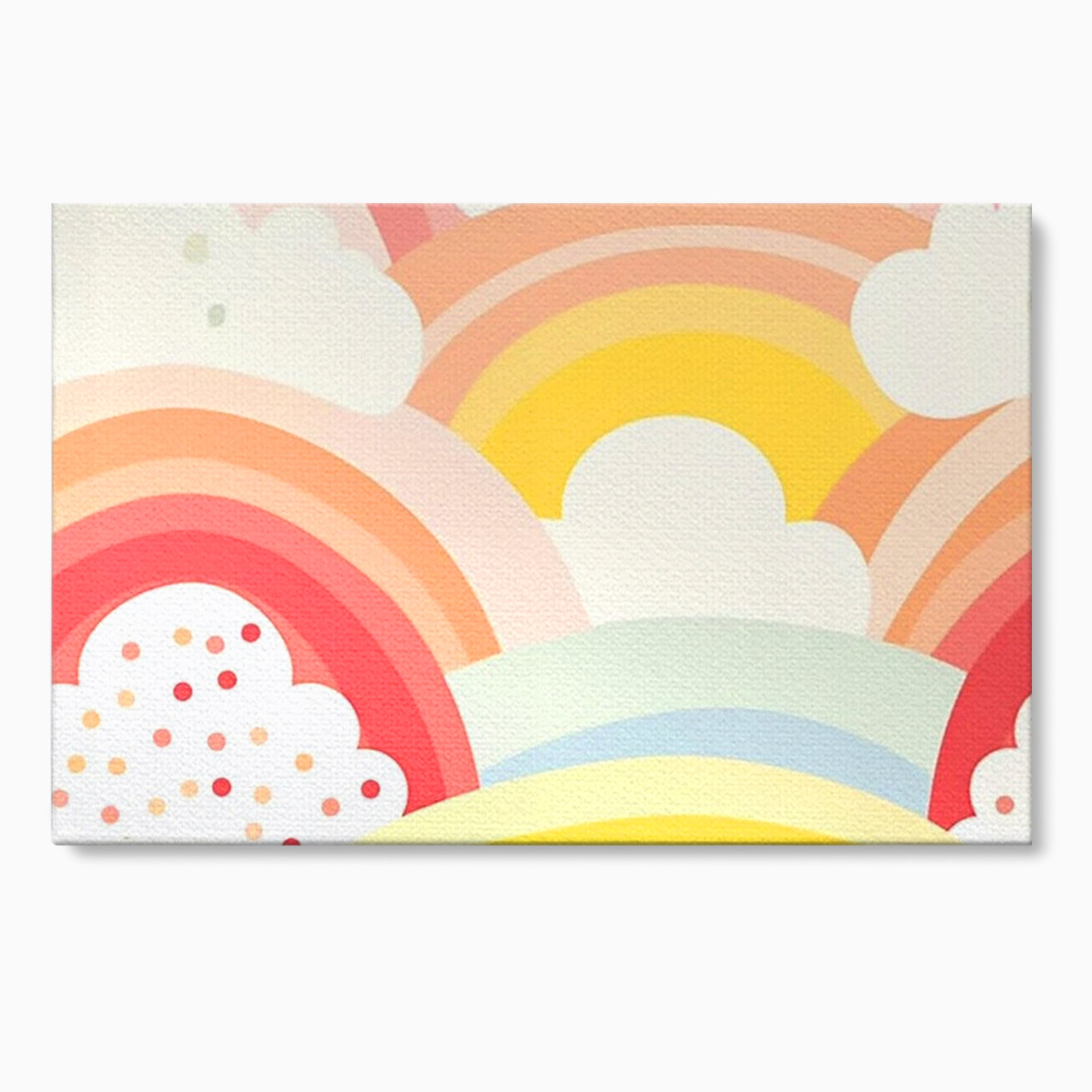 Tablou canvas cu ilustratie digitala cu curcubeu pastel si nori, fara rama, pe sasiu de lemn