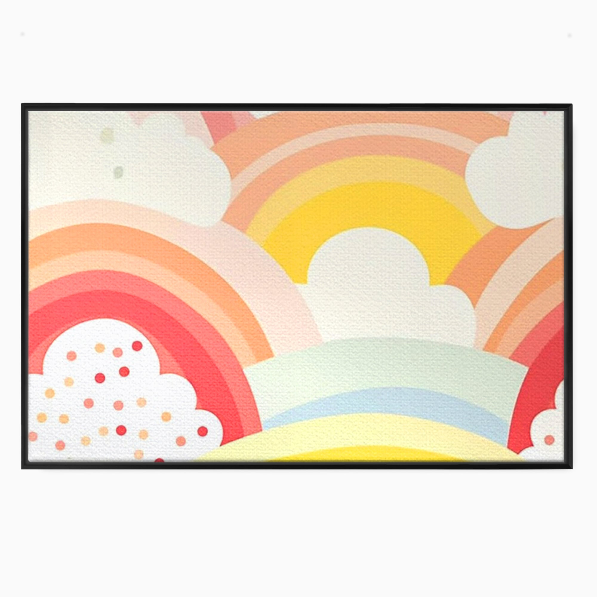 Tablou canvas cu ilustratie digitala cu curcubeu pastel si nori, in rama de aluminiu negru