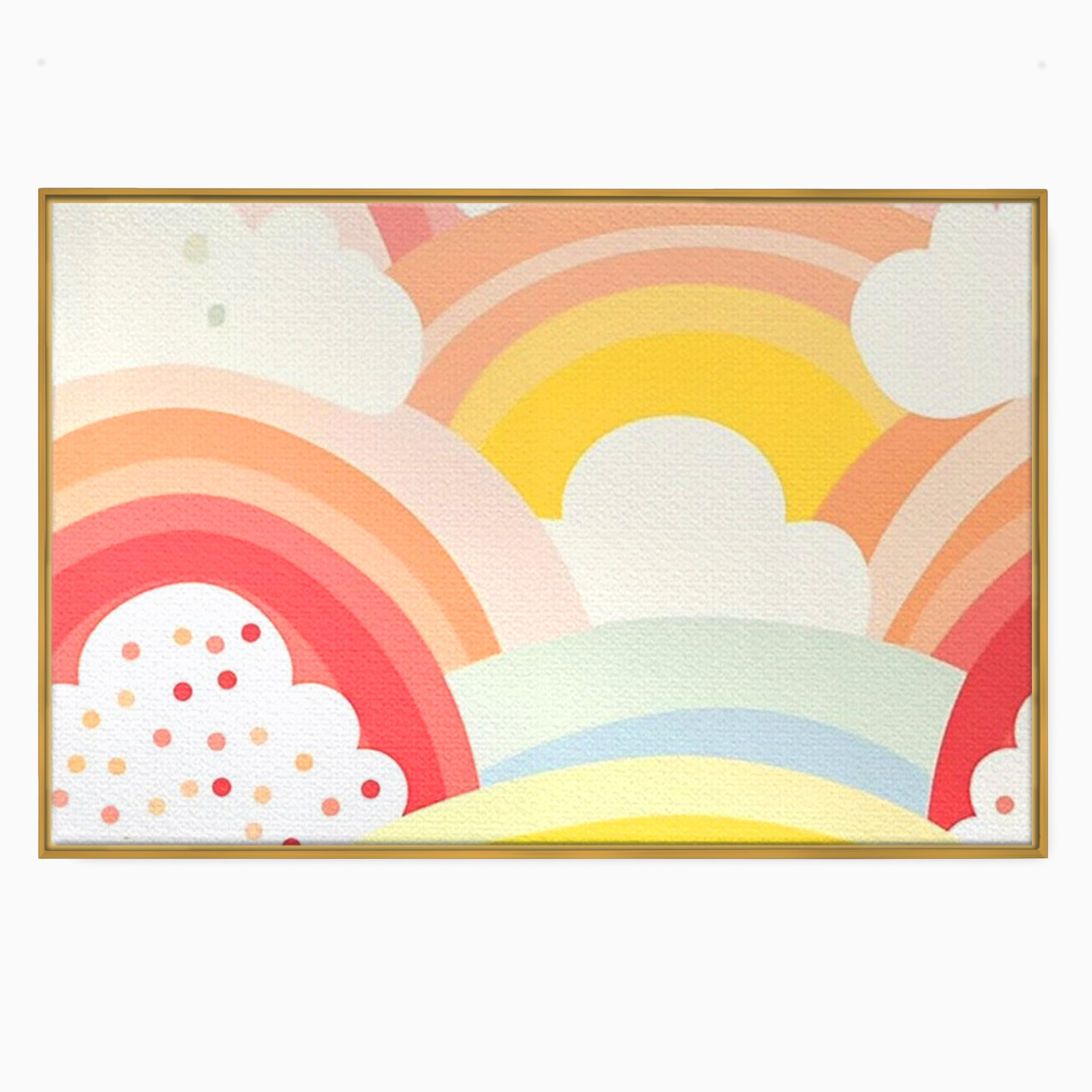 Tablou canvas cu ilustratie digitala cu curcubeu pastel si nori, in rama de aluminiu auriu