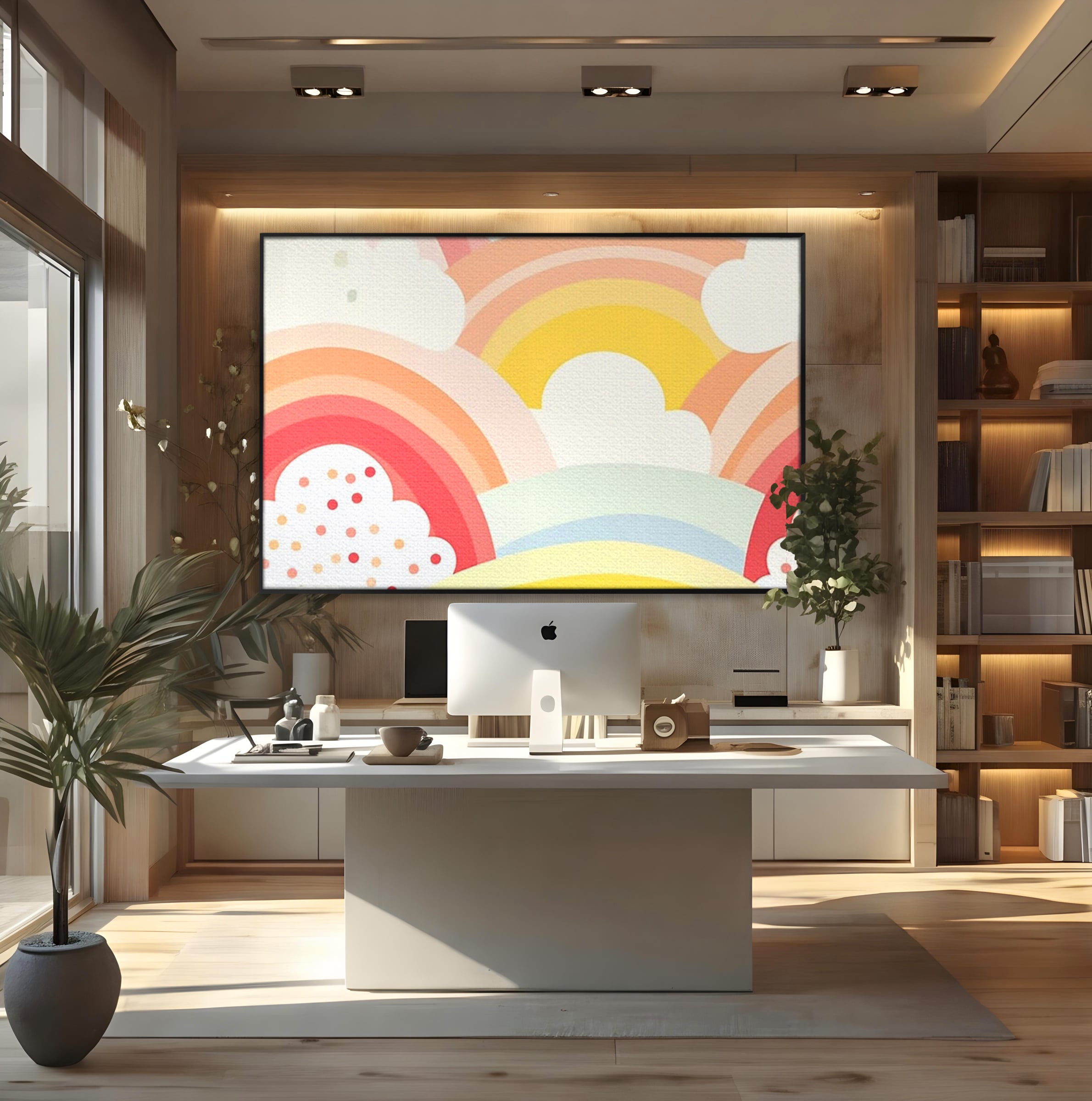 Tablou canvas cu ilustratie digitala cu curcubeu pastel si nori, in rama de aluminiu negru, pe perete intr-un birou