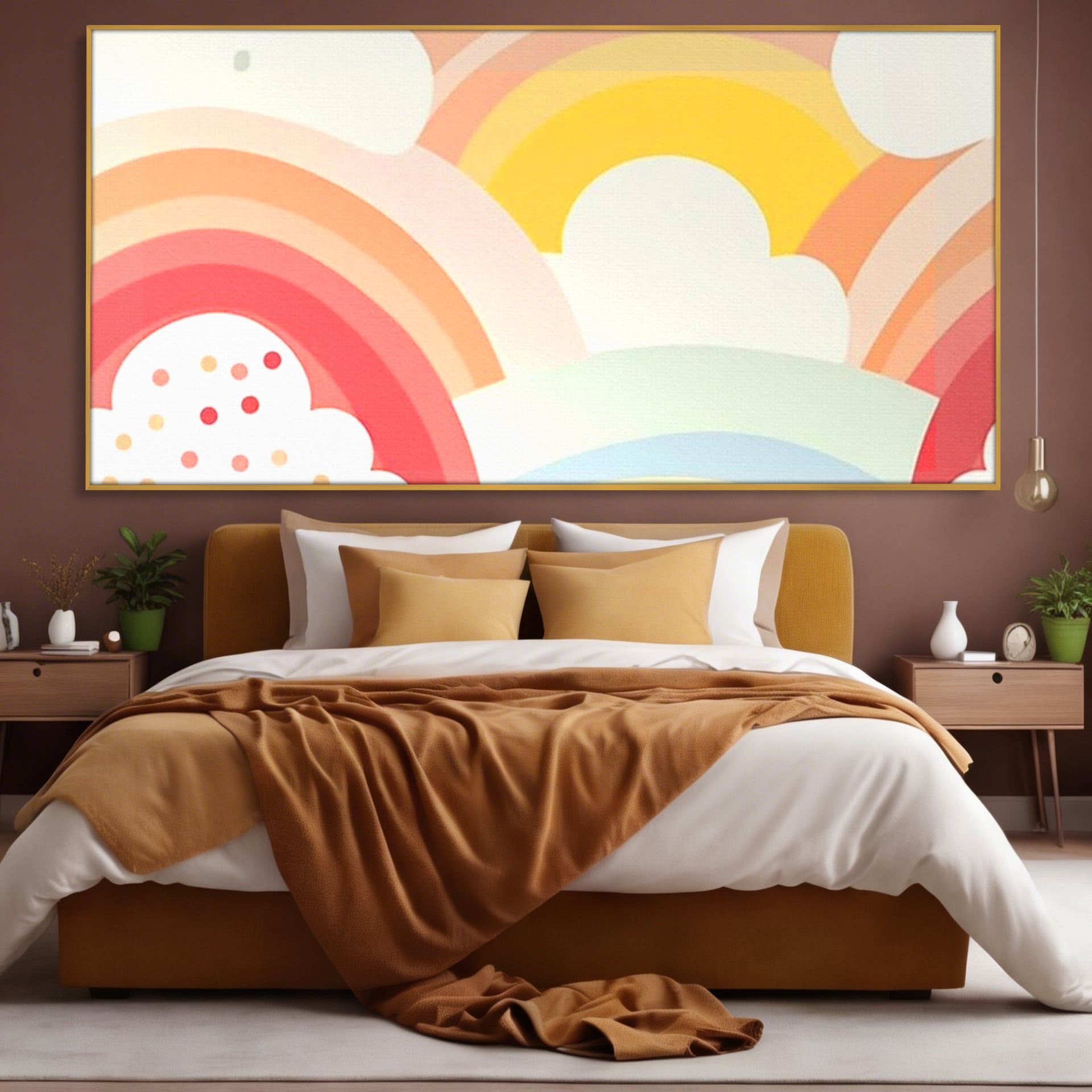 Tablou canvas cu ilustratie digitala cu curcubeu pastel si nori, in rama de aluminiu auriu, pe perete intr-un dormitor