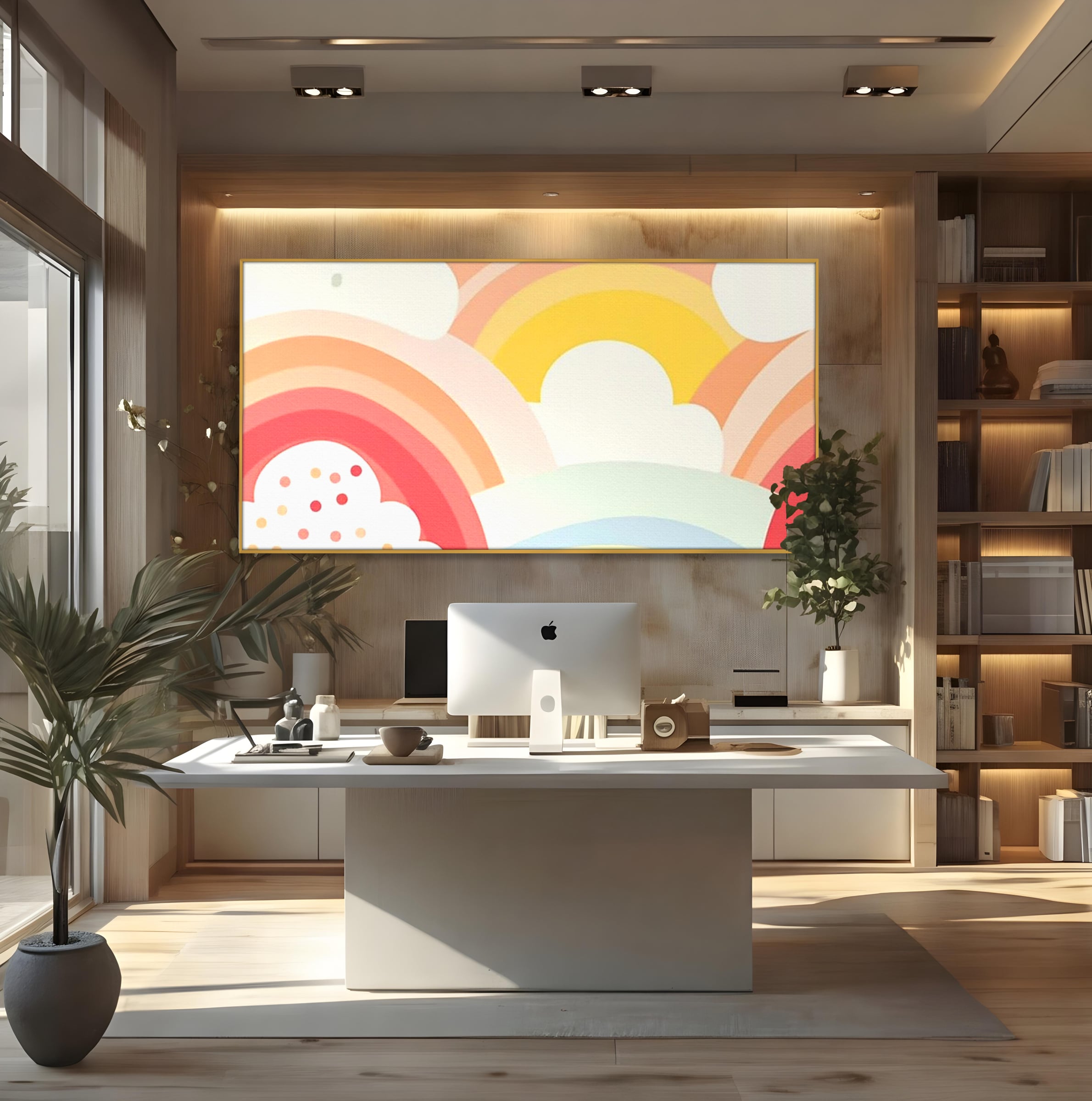 Tablou canvas cu ilustratie digitala cu curcubeu pastel si nori, in rama de aluminiu auriu, pe perete intr-un birou
