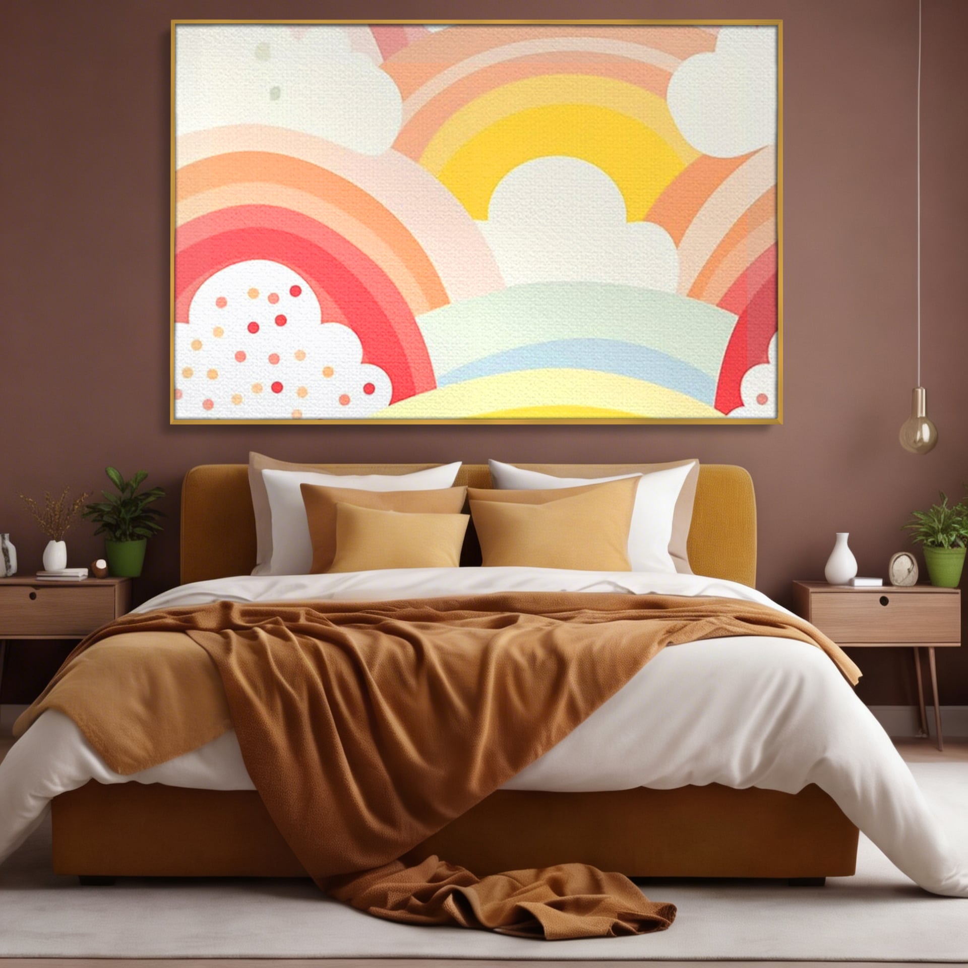 Tablou canvas cu ilustratie digitala cu curcubeu pastel si nori, in rama de aluminiu auriu, pe perete intr-un dormitor
