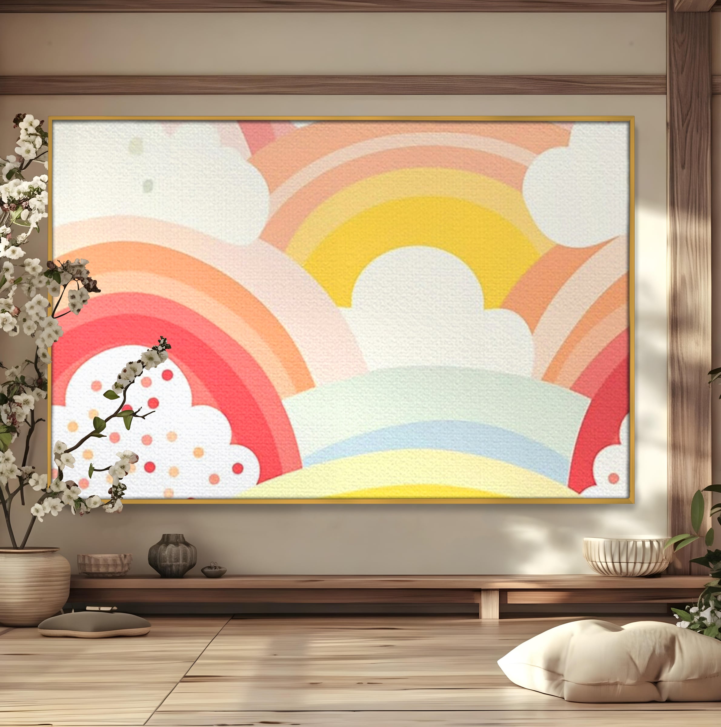 Tablou canvas cu ilustratie digitala cu curcubeu pastel si nori, in rama de aluminiu auriu