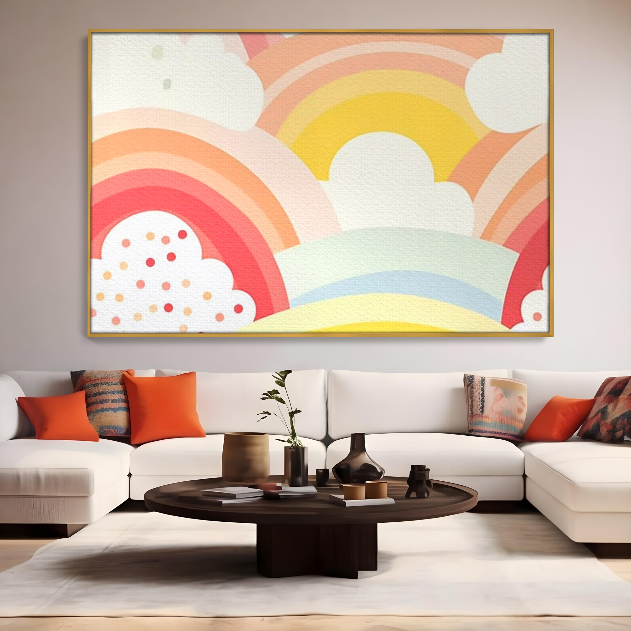 Tablou canvas cu ilustratie digitala cu curcubeu pastel si nori, in rama de aluminiu auriu, pe perete intr-un living