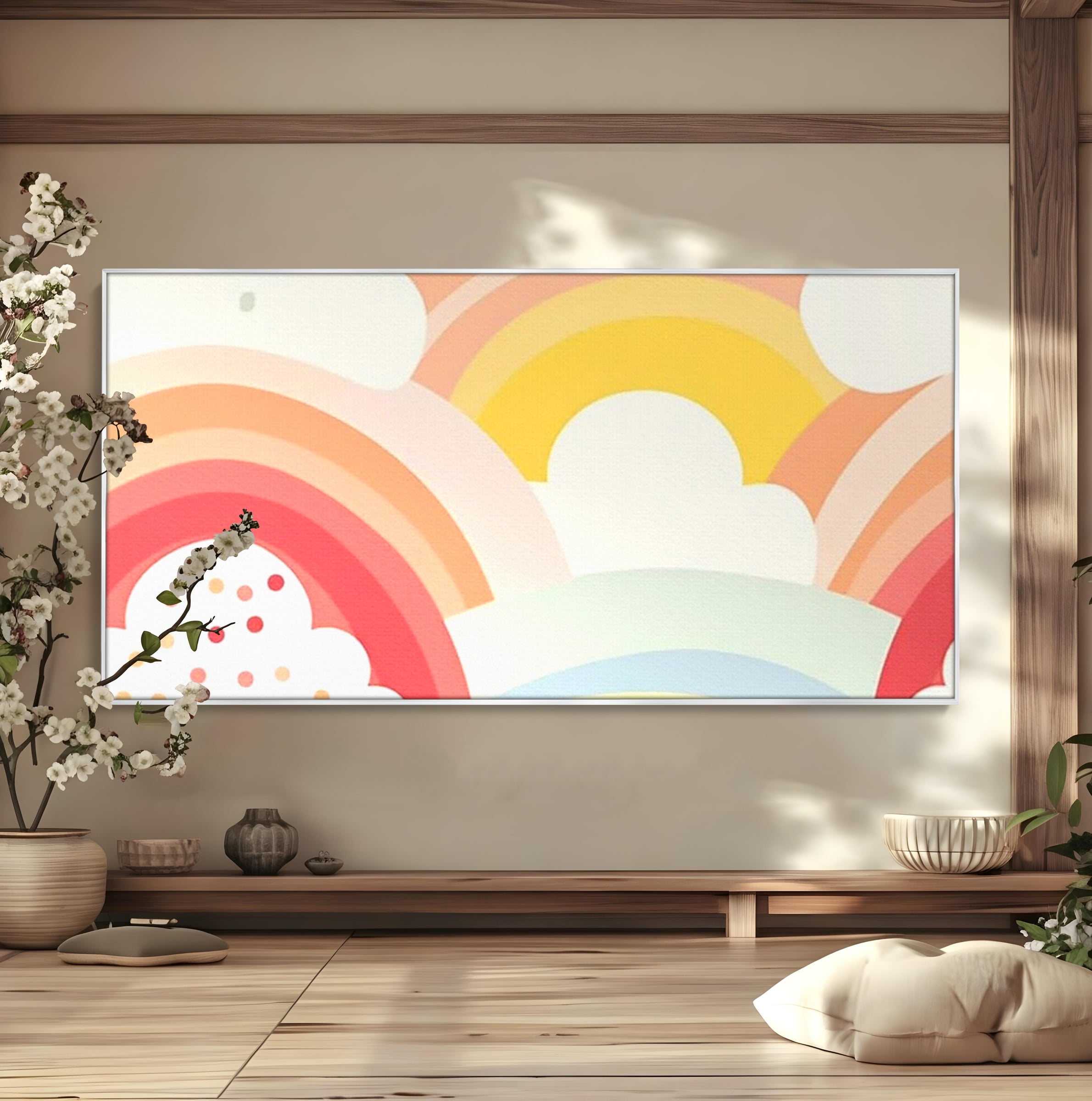 Tablou canvas cu ilustratie digitala cu curcubeu pastel si nori, in rama de aluminiu argintiu