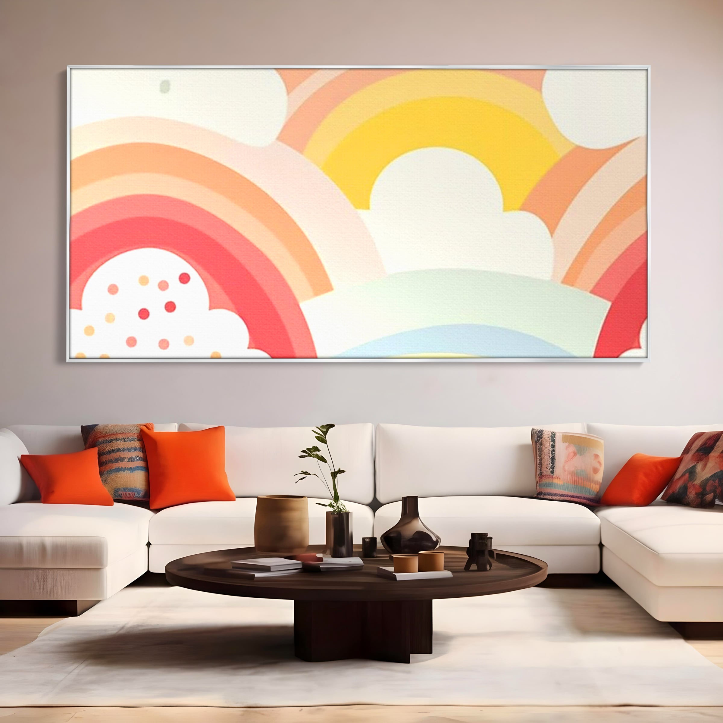 Tablou canvas cu ilustratie digitala cu curcubeu pastel si nori, in rama de aluminiu argintiu, pe perete intr-un living
