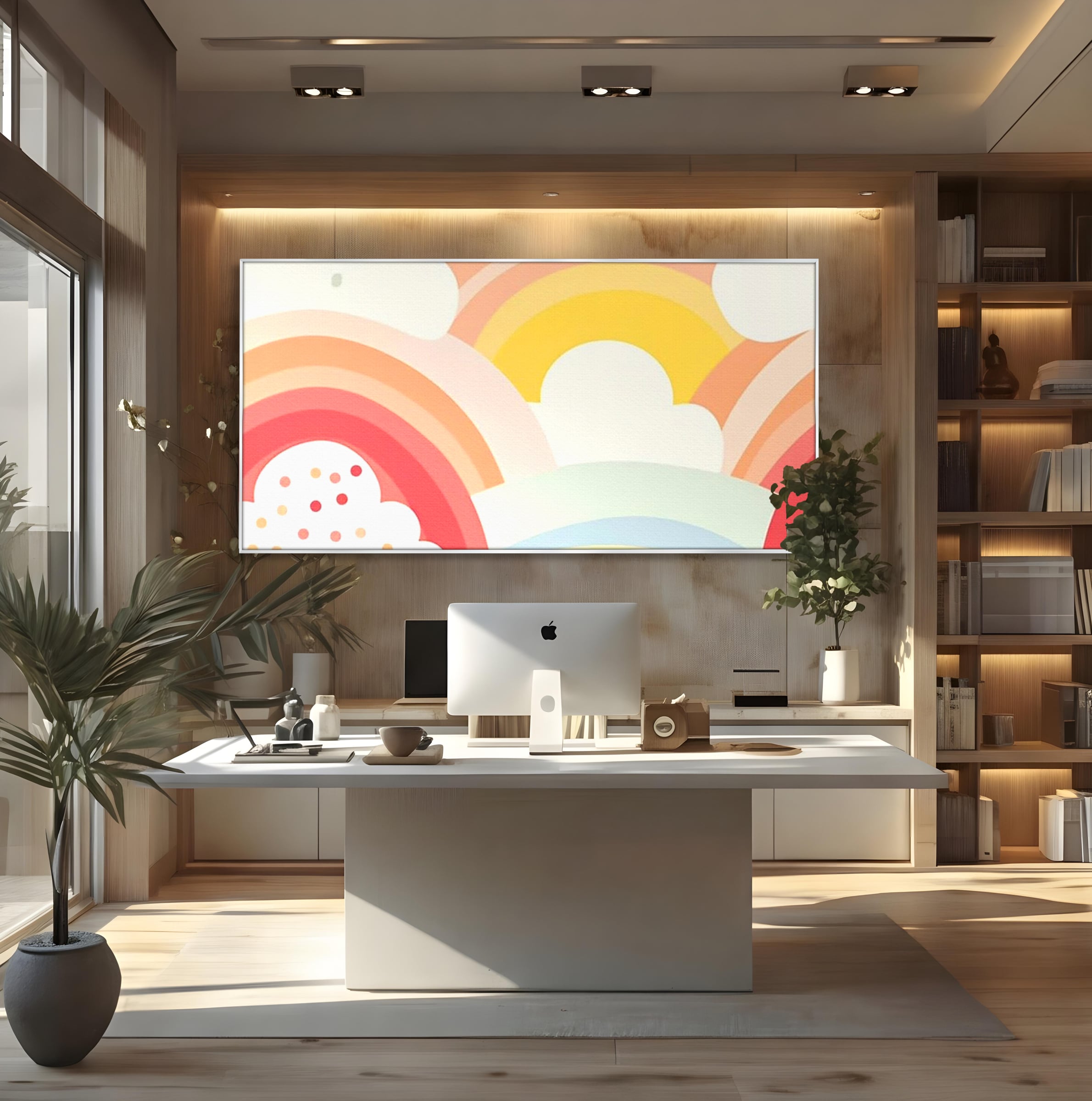 Tablou canvas cu ilustratie digitala cu curcubeu pastel si nori, in rama de aluminiu argintiu, pe perete intr-un birou
