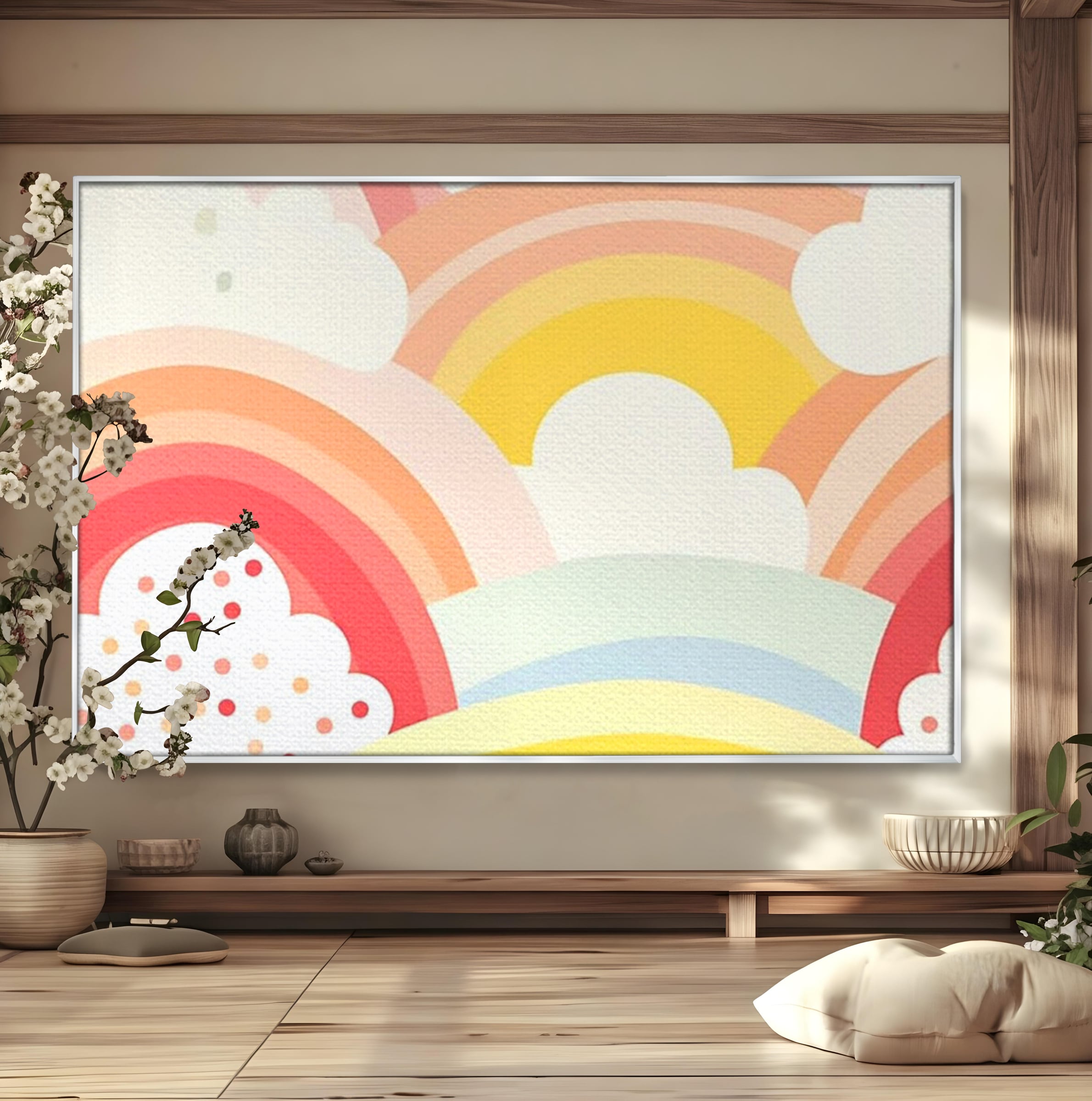 Tablou canvas cu ilustratie digitala cu curcubeu pastel si nori, in rama de aluminiu argintiu