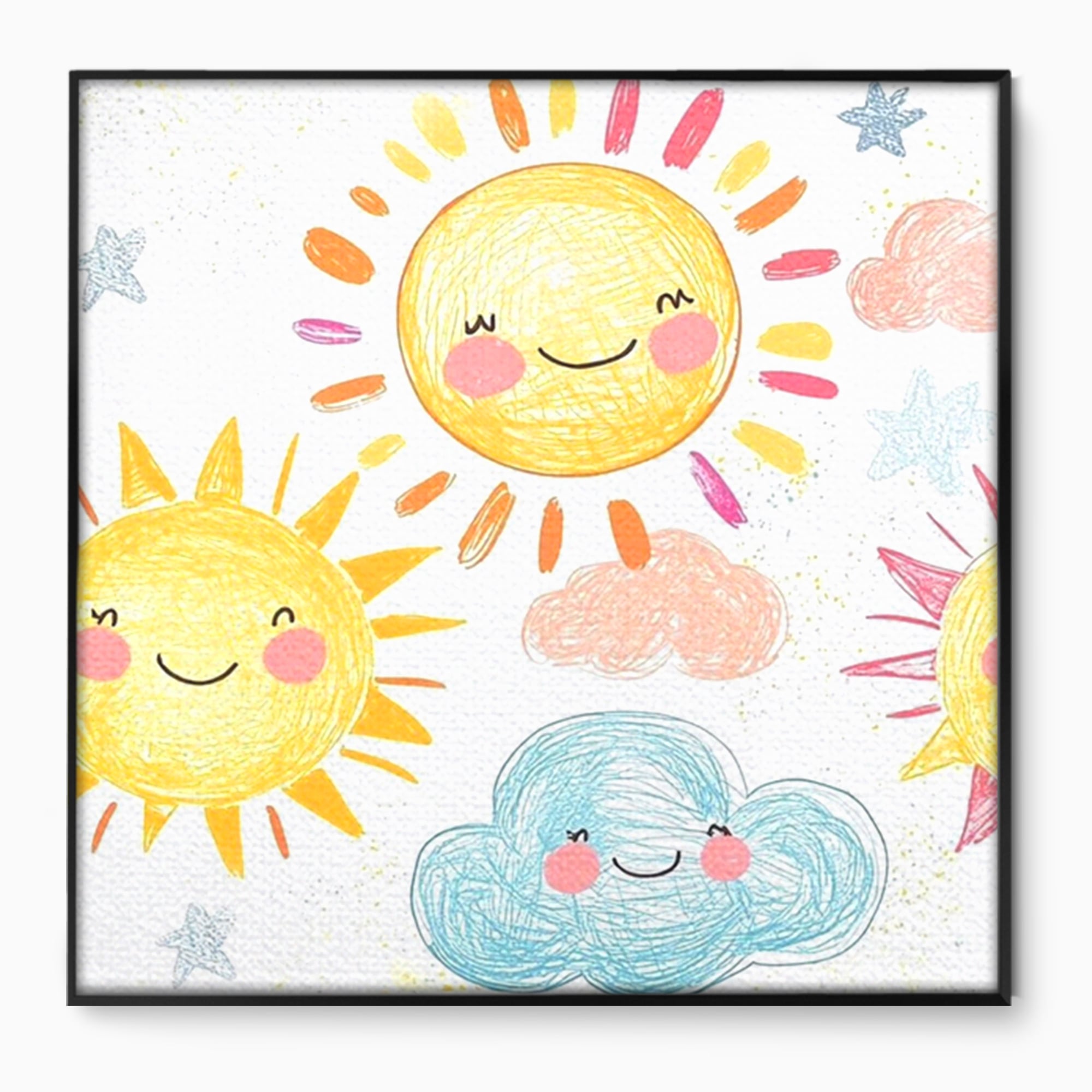 Tablou canvas cu ilustratie cu soori zambitori si nori, in rama de aluminiu negru