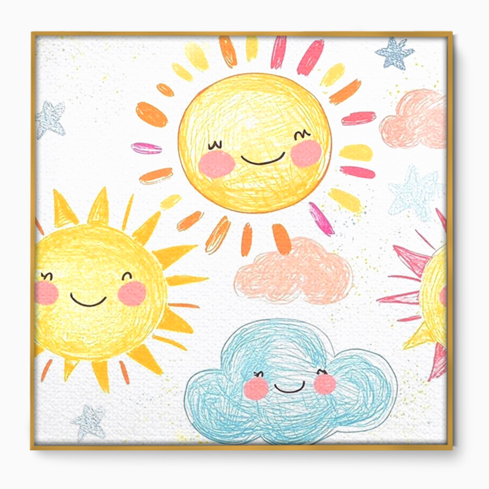 Tablou canvas cu ilustratie cu soori zambitori si nori, in rama de aluminiu auriu