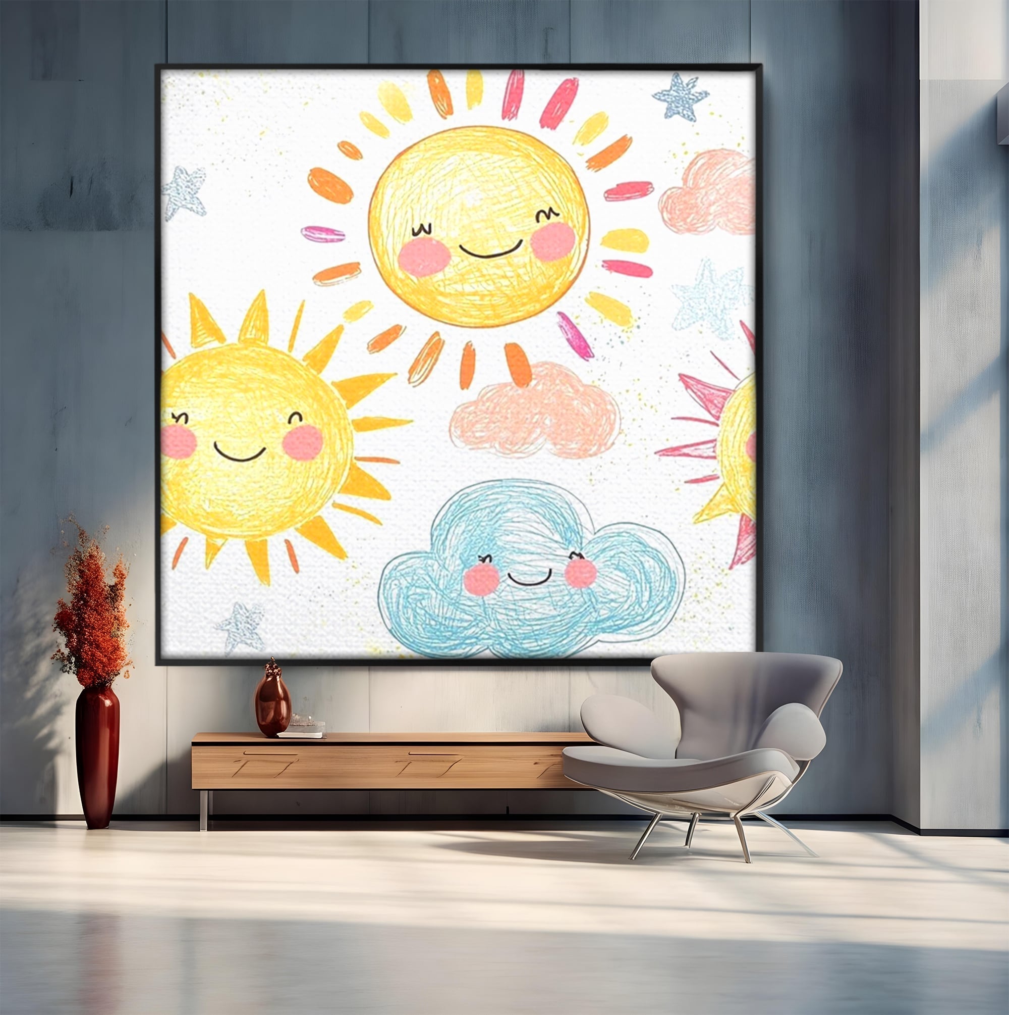 Tablou canvas cu ilustratie cu soori zambitori si nori, in rama de aluminiu negru